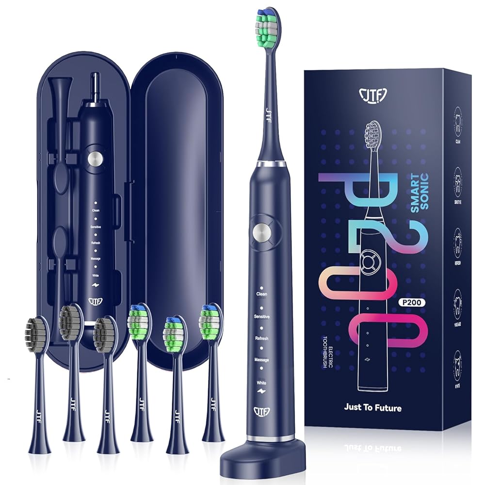 JTF Sonic Electric Toothbrush for Adults - Fast Rechargeable Toothbrush with Travel Case and 6 Brush Heads, 5 Modes Smart Toothbrushes, Navy Blue