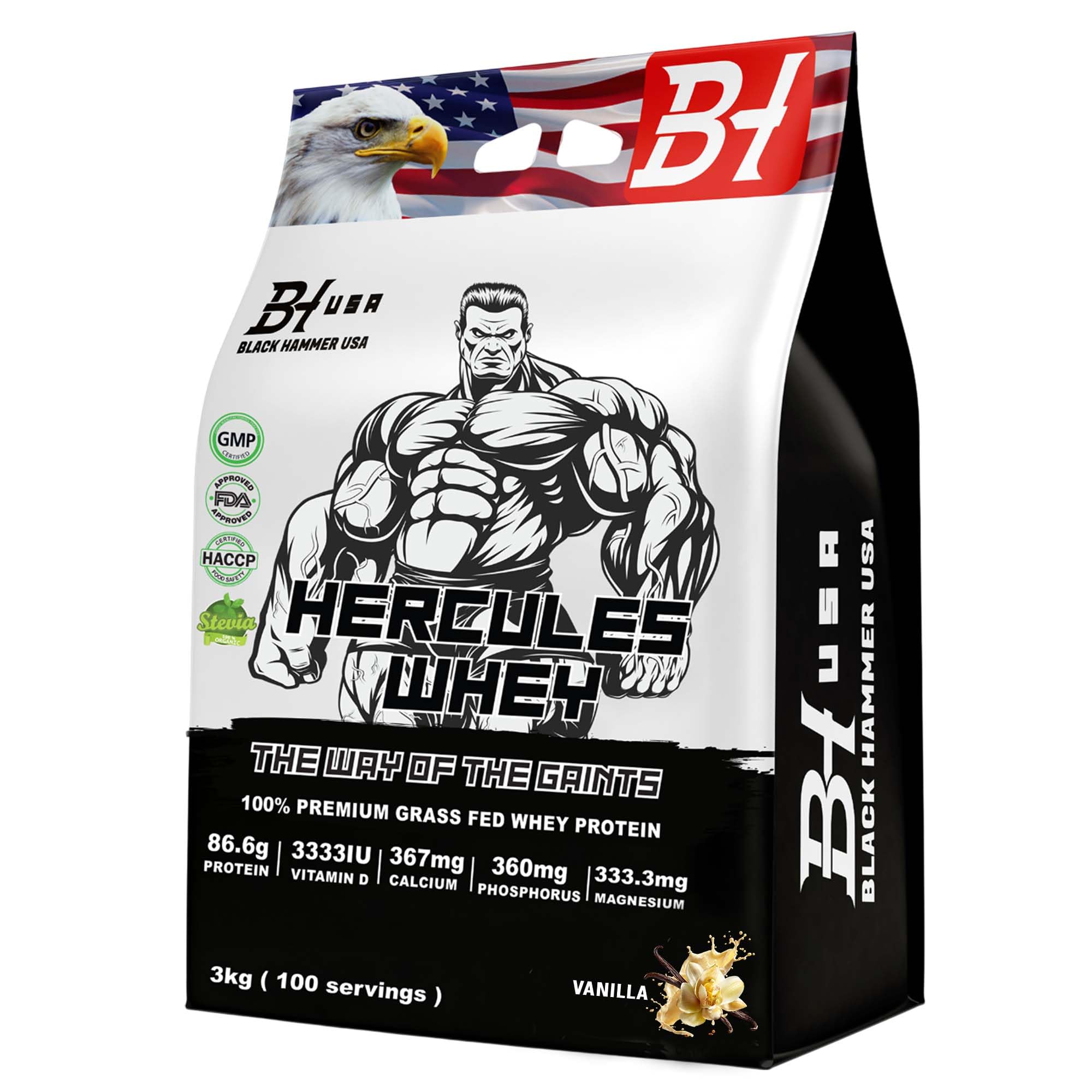 HERCULES Whey Protein 3KG – 26g Protein, 100 Servings, High Protein Formula with Vitamin D – Muscle Growth & Recovery Support (Vanille)