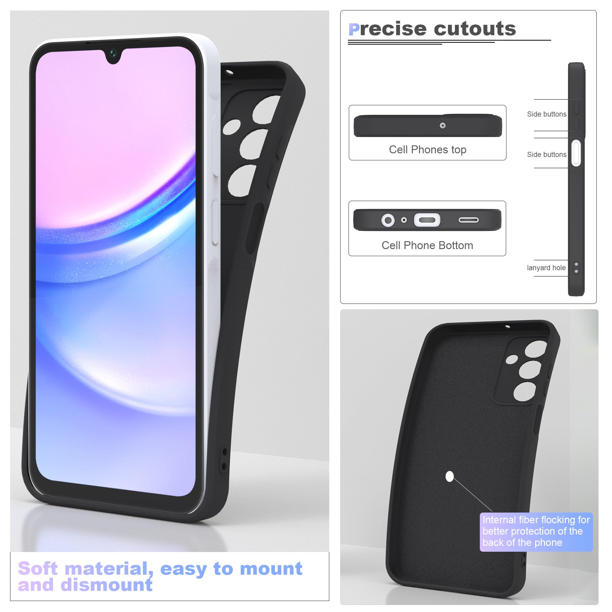 THIYUFUNS Cover per Samsung Galaxy A15 4G / 5G (6.5") con 2 Pezzi HD Vetro Temperato Pellicola Protettiva,Liquid Silicone TPU Custodia 360 Antiurtfio Gradi Cover per Samsung Galaxy A15 - Nero