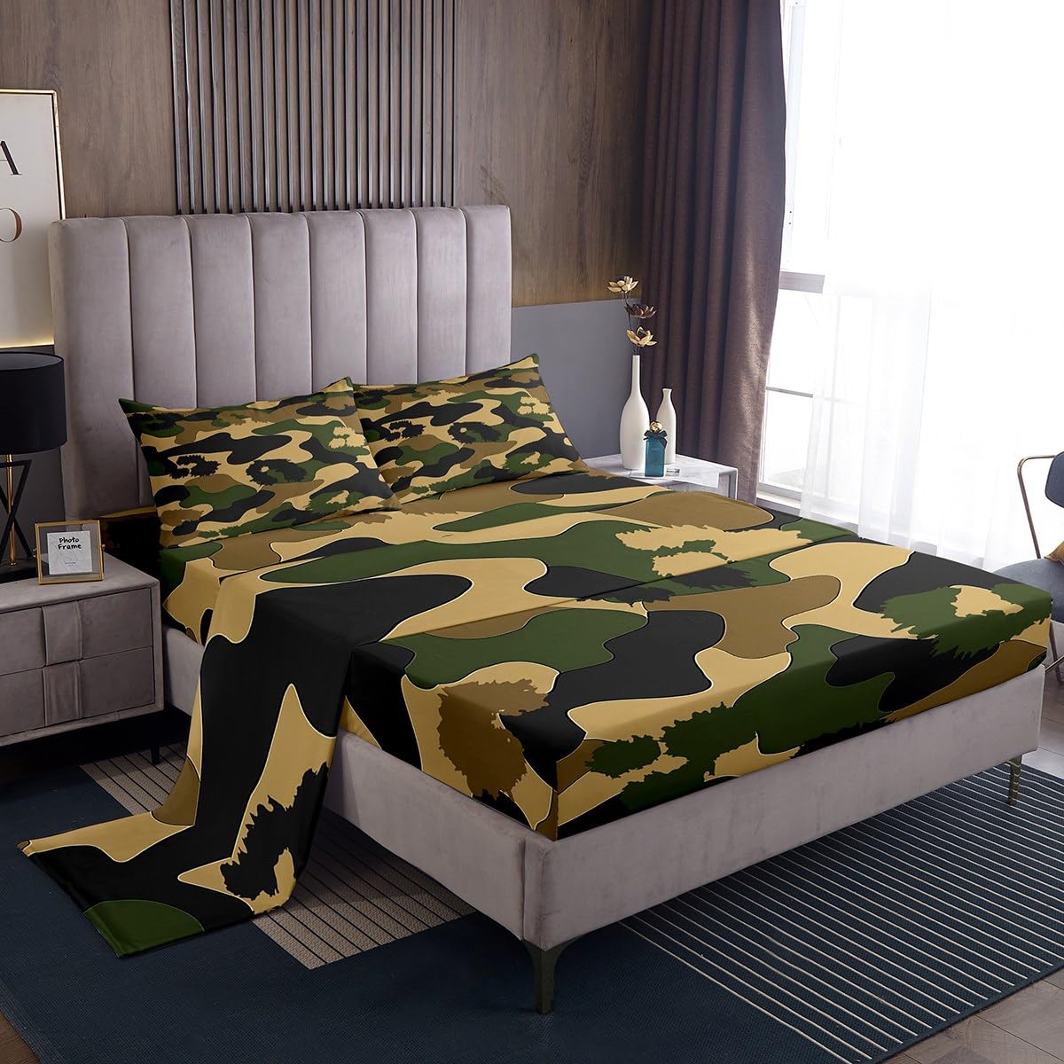 jejeloiu Camouflage Sheets with Deep Pocket Fitted for Girls Boys Kids Twin Size Camo Pattern Bed Cover Room Military Amry Decor Sheet Set Green Brown 3Pcs Soft Lightweight Microfiber