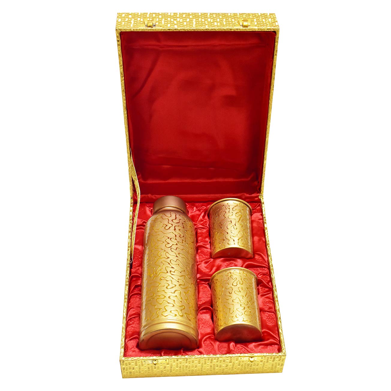 Gold embossed work copper Bottle and 2 glasses set- Vrindavan Bazaar