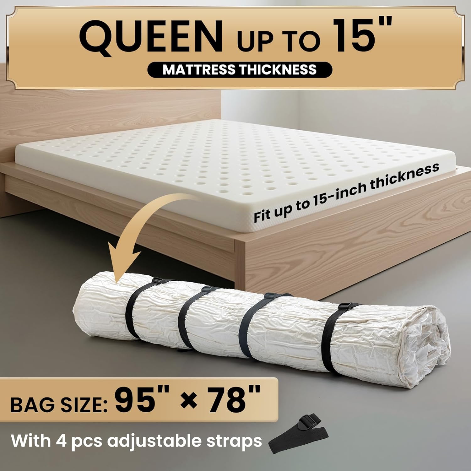 TAILI Mattress Vacuum Storage Bag, Full/Queen Mattress Vacuum Bag with 4 Straps, Sealable Bag for Memory Foam, Latex, Easy Moving, Transport and Storage