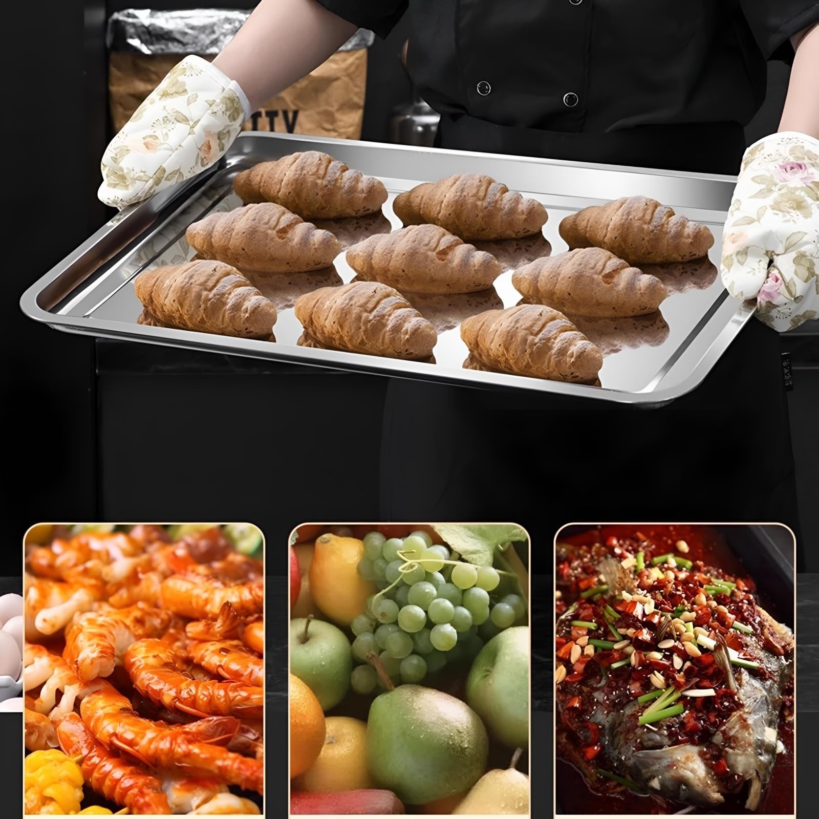 Bandeja de horno de acero inoxidable, molde rectangular para hornear, 2 bandejas para hornear, asar, servir, no tóxico, saludable y fácil de limpiar (40 x 30 x 2 cm)