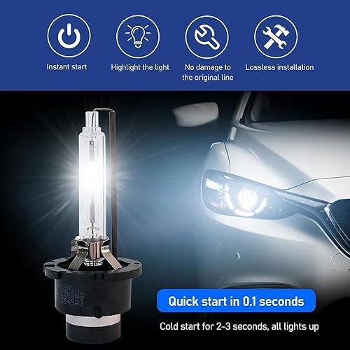 Miniatura 5 de 2 bombillas de xenón HID D2S para automóvil, 6000 K blanco frío súper brillante con anillo de presión de metal y base, repuesto de bombilla de haz