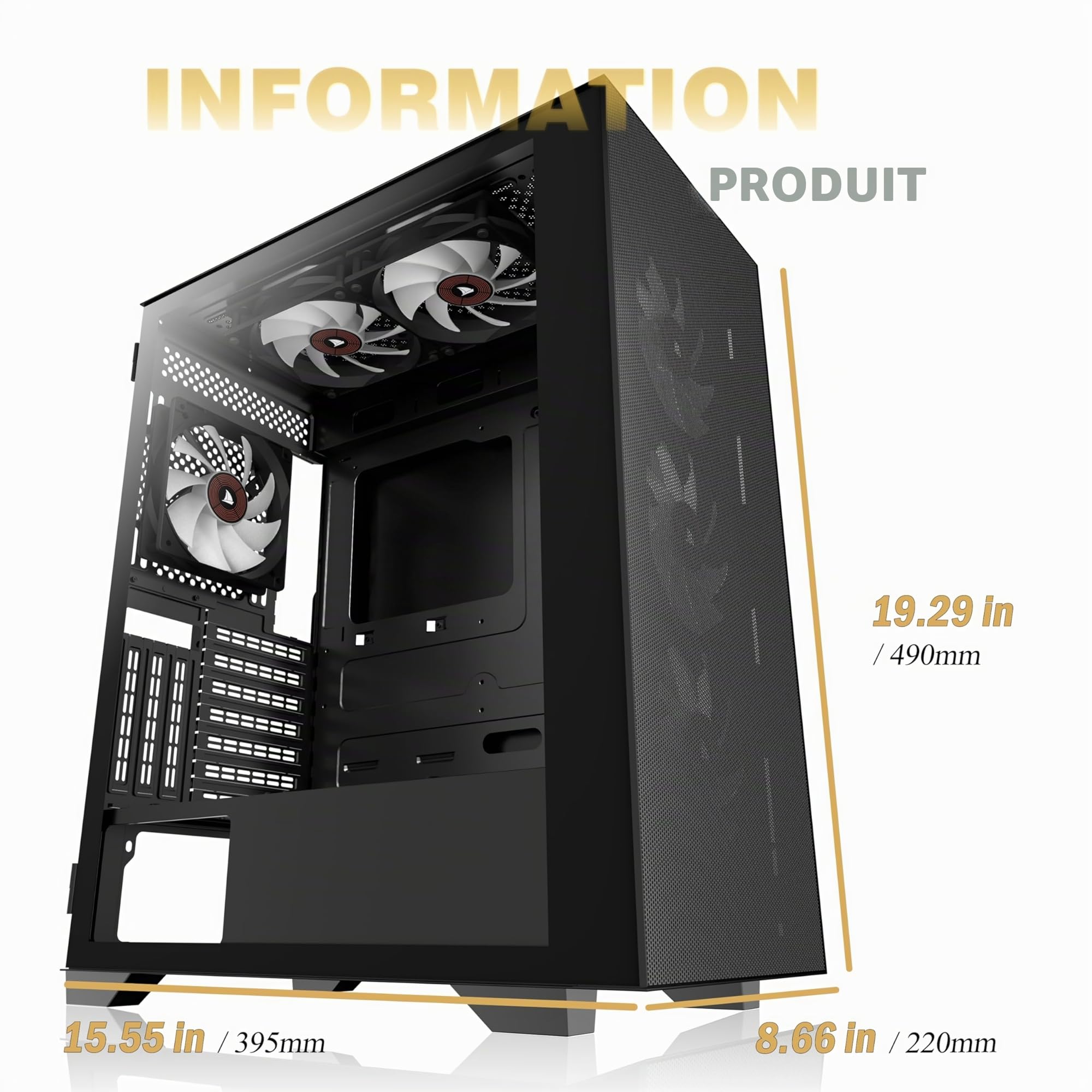 KEDIERS Boitier PC - 6 Ventilateurs PWM préinstallés, boitier de Jeu ATX Mid Tower en Maille avec Panneau latéral ouvrant en Verre trempé Noir