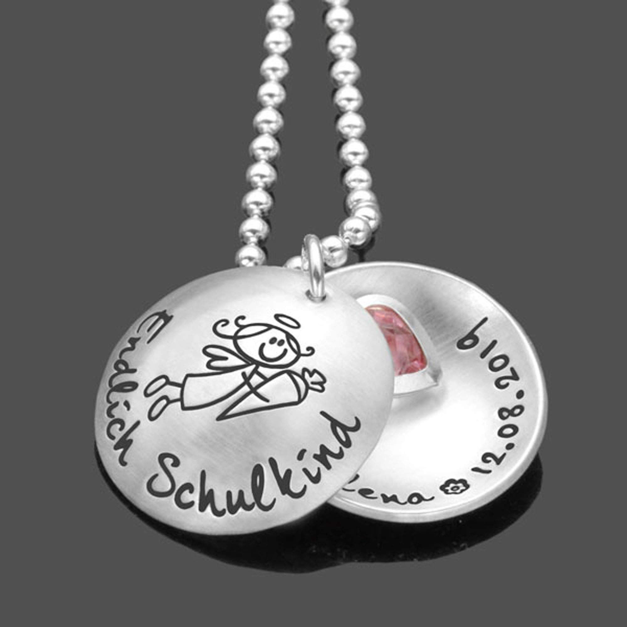 Mädchen Schulbeginn Geschenk personalisiert Schmuck Einschulung MEIN SCHULANFANG Namenskette Schulkind Schutzengel Herzkristall mit Gravur