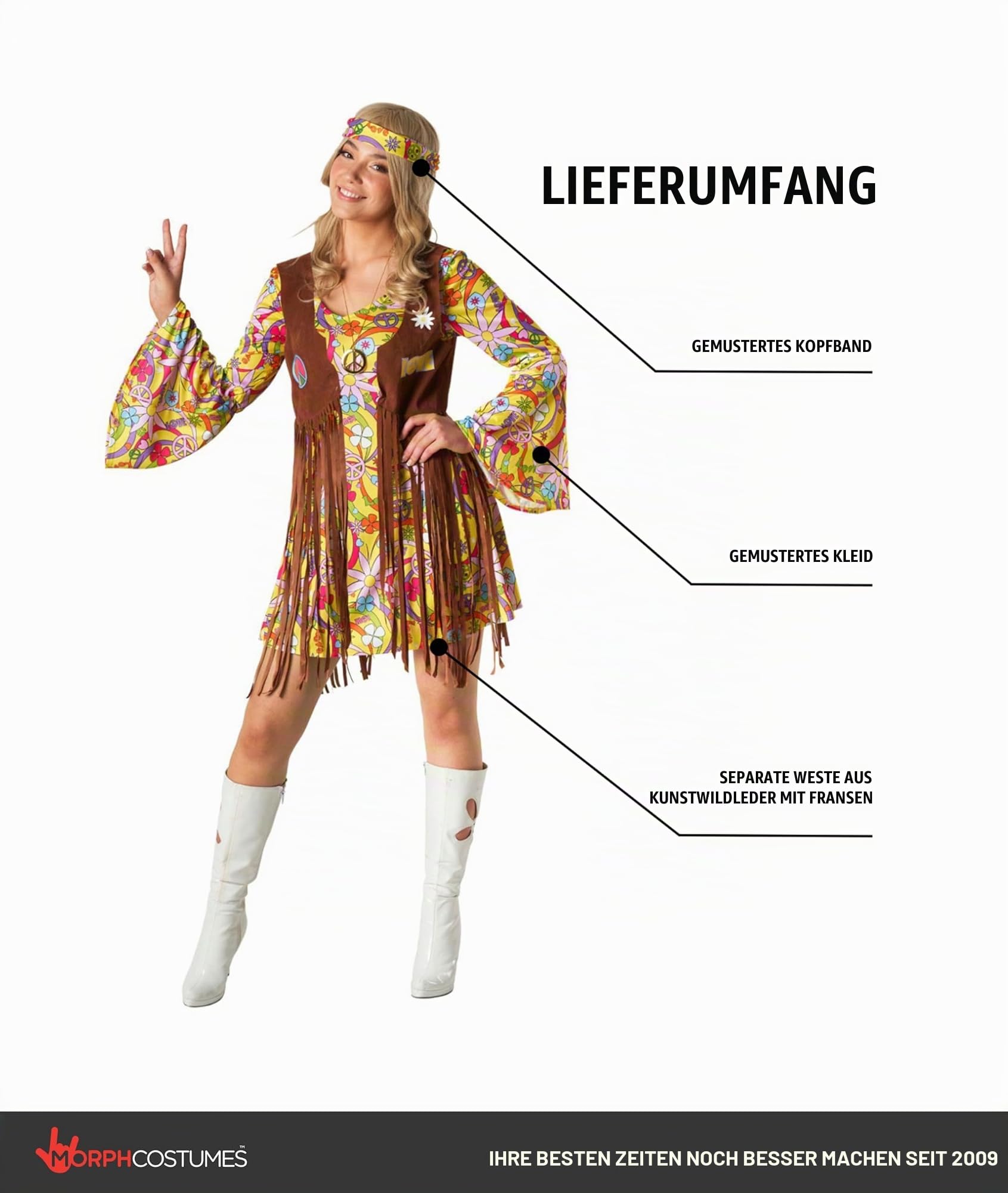 Morph Hippie Kostüm Damen, 70er Jahre Halloween Kostüm Damen