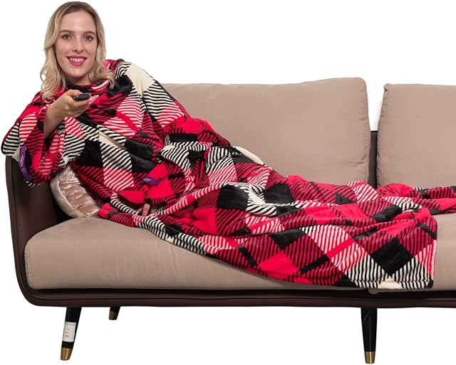 Winthome Wearable Blanket with Sleeves. Soft and Warm for Sofa Lovers. Two Sizes, with Elastic Cuffs, Hook and Loop Fastener (Red Plaid, 140x170cm)