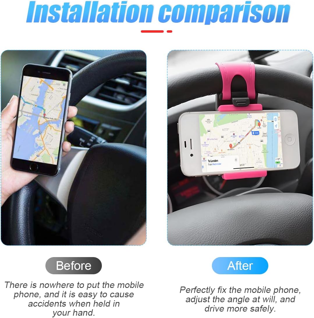 Cell Phone Holder for Car, Steering Wheel Hanging Buckle Type Retractable Phone Holder, Universal for iPhone 13/12 Pro, Pro Max, XS, Samsung, More Devices, Suitable for All Vehicles (Pink)