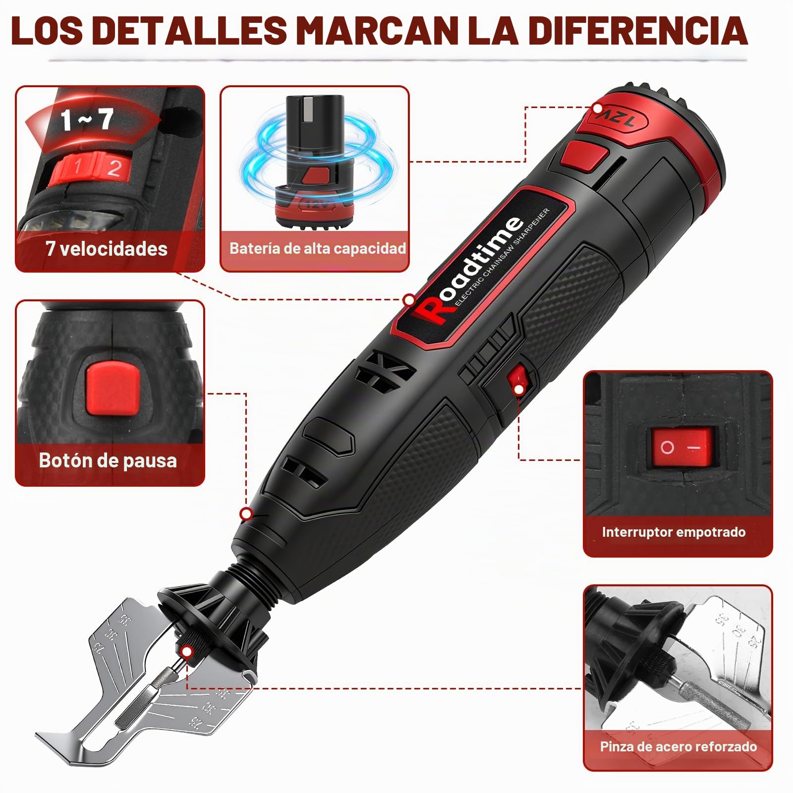 Afilador Eléctrico para Motosierras con Batería 1300 mAh, 9 Cabezales | Afilador de Motosierras Inalámbrico, Cabezal de Aleación, Guía Angular, Portátil con USB
