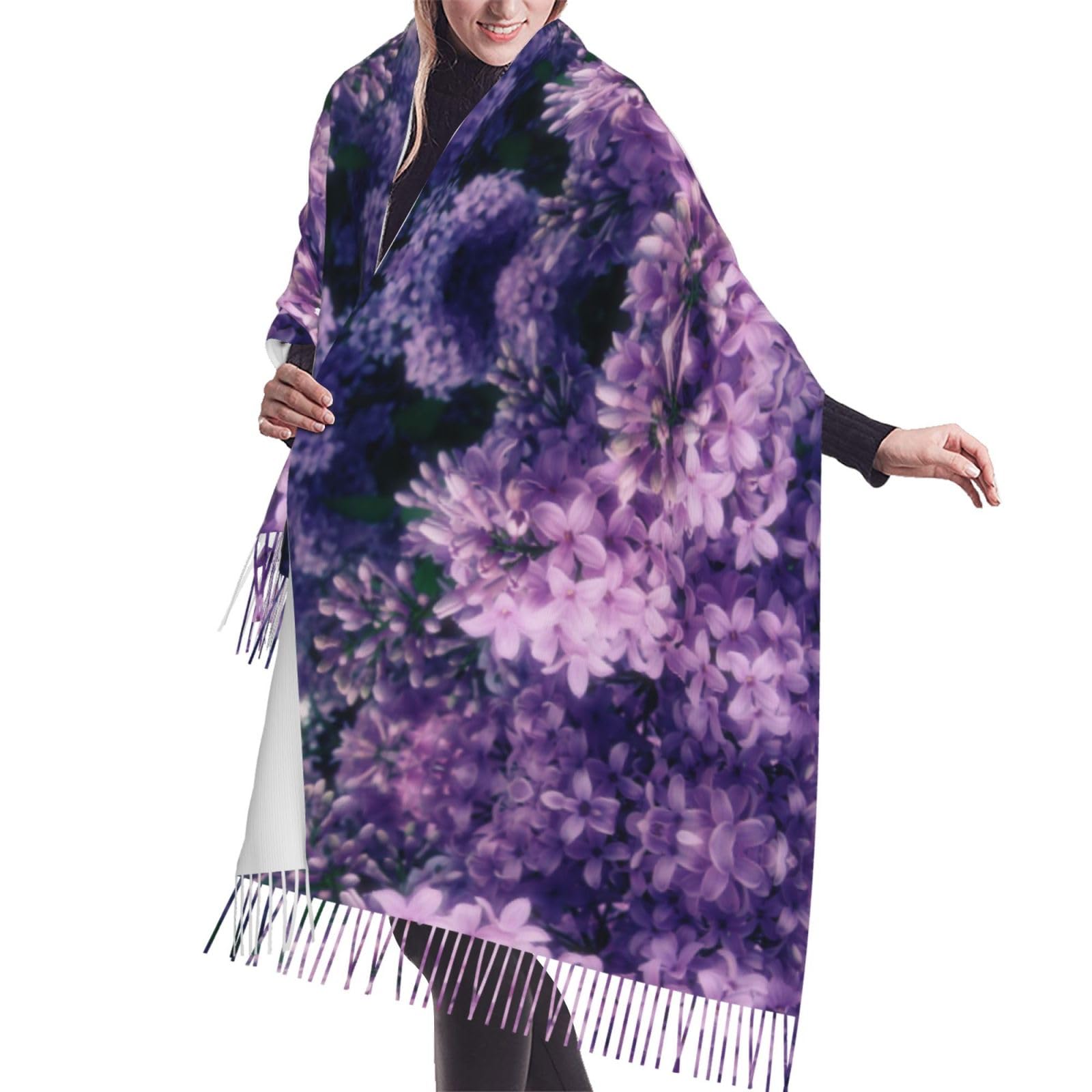 Fjqwklf Unisex Black Blooming Purple Flowers Print Cashmerette Fringed Scarf Soft Cashmere Warm Large Blanket Wrap Shawl For Gift