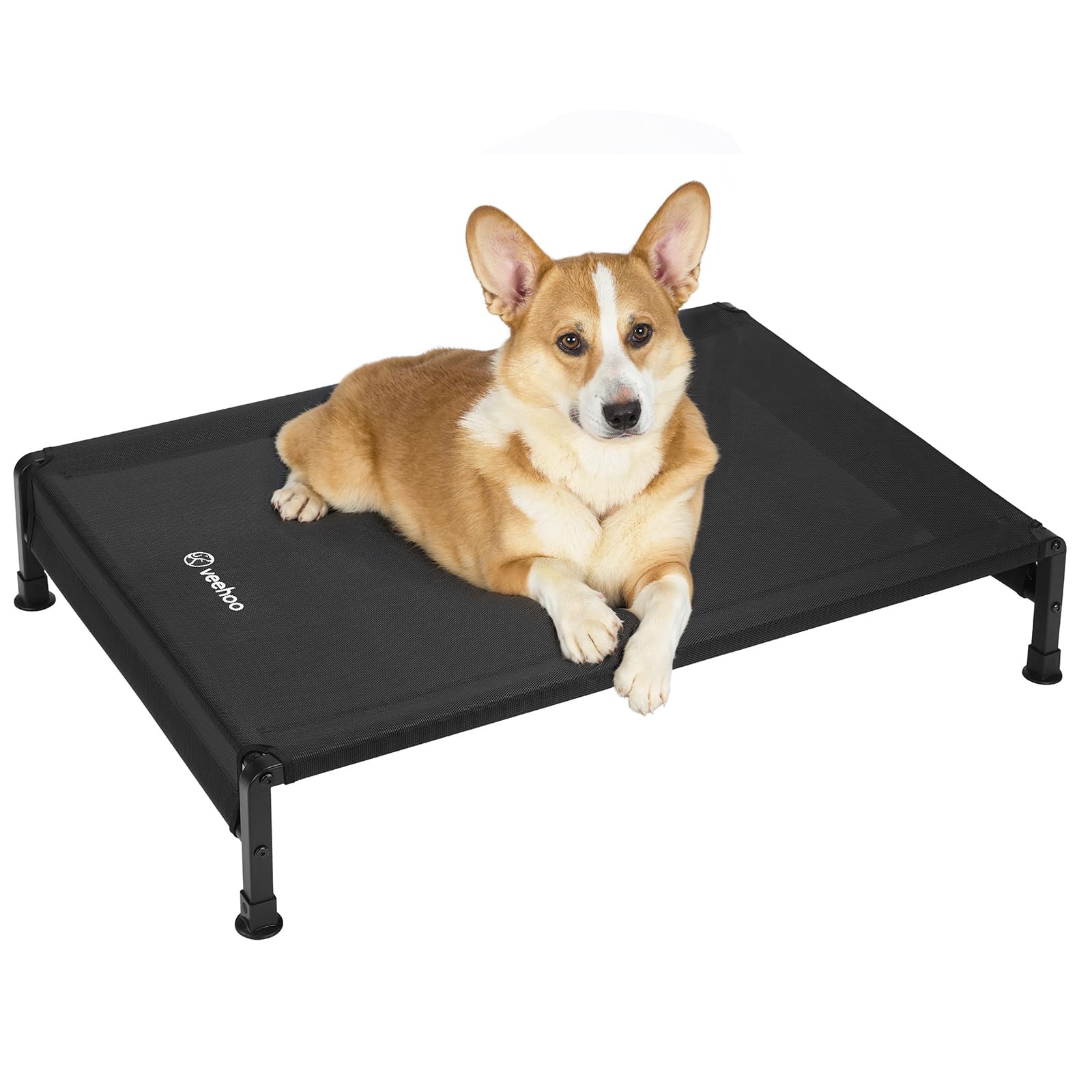 Veehoo Heavy Duty Elevated Dog Bed, Raised Dog Bed with Washable & Breathable Teslin Mesh, Non-Slip Silicon Feet, Cooling Dog Cot Bed, Pet Bed with Support Hem, 35" x 22", Black, CWC2433