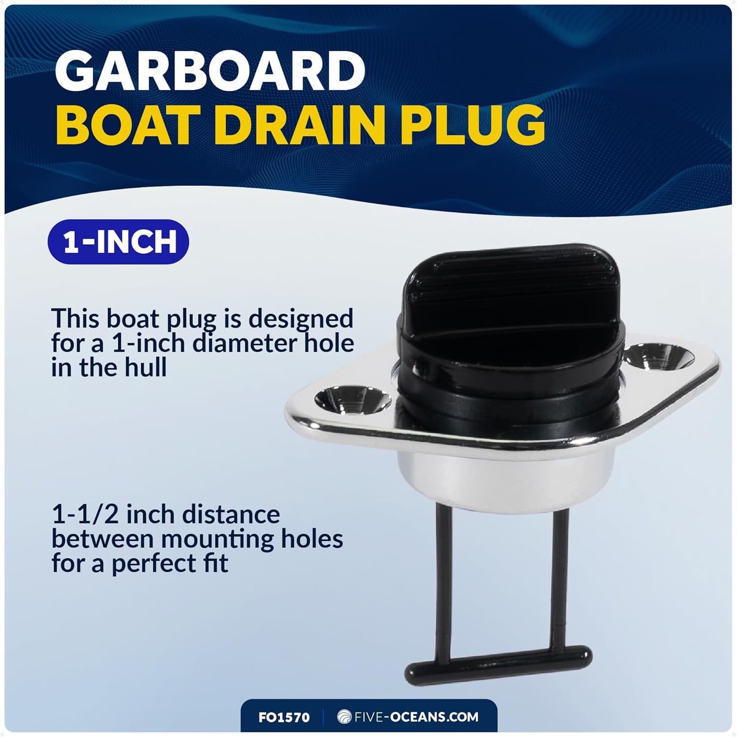 Five Oceans Kayak Drain Plug - Boat Plug - Captive Garboard Drain Plug, for 1-Inch Transom Hole, Oval Shape, Thread with Rubber Washer Gaskets, Brass & Black Nylon - FO1570