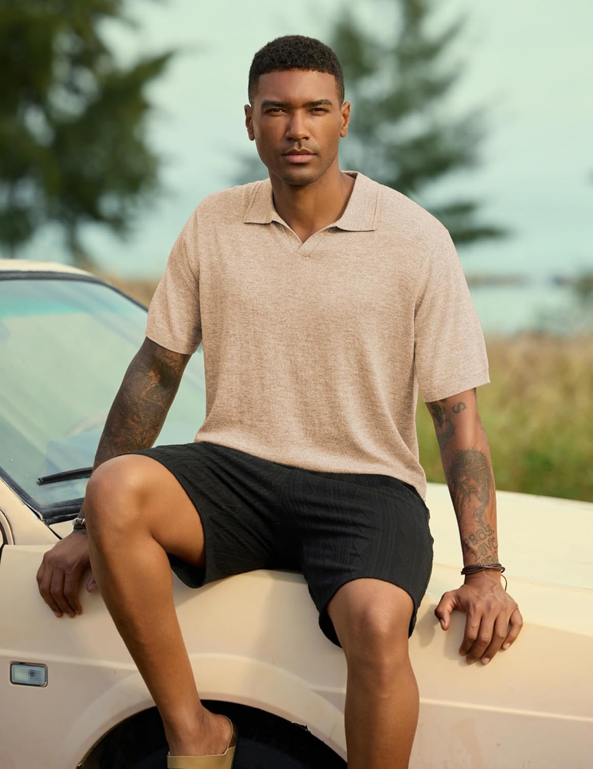 JMIERR Mens Wool Blend Polo Shirts Short Sleeve V Neck Knit Summer Casual Polos - Image 4