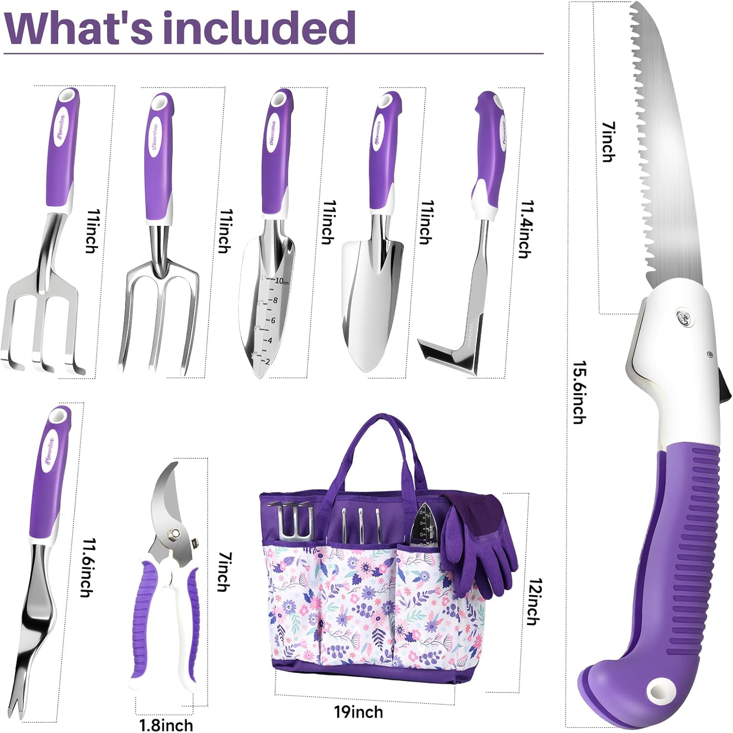 MelonArt Garden Tool Set, 10 Pcs Heavy Duty Gardening Tool Kit Women Garden Gift Set Aluminum with Non Slip Ergonomic Handle, Storage Tote Bag and Gloves, Garden Supplier for Women&Men(Purple) - Image 7