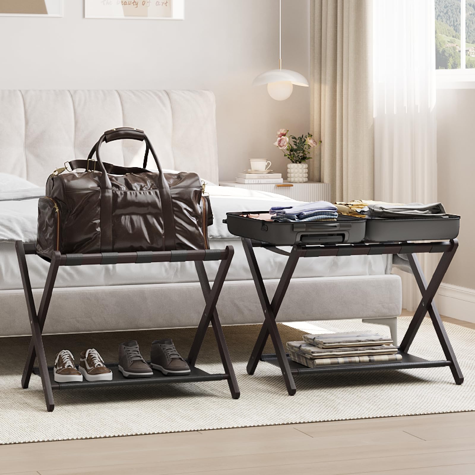 Smart FENDEE 2er-Set Bambus Gepäckträger, Faltbarer Gepäckträger mit Stoffablage, Geeignet für die Meisten Gepäckgrößen, Hält bis zu 59 kg, Ideal für Gästezimmer, Hotel (Braun)
