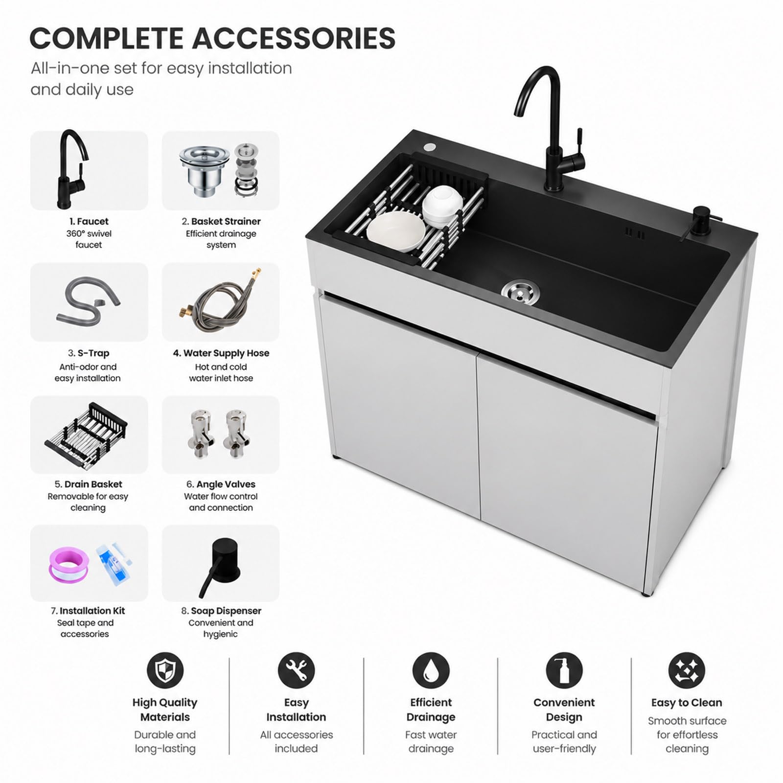 Mueble de Fregadero Autónomo de Acero Inoxidable Antioxidante, con Grifo, Dispensador de Jabón y Escurridor Extraíble, Apto para Cocinas Pequeñas, Garajes y Talleres Domésticos.