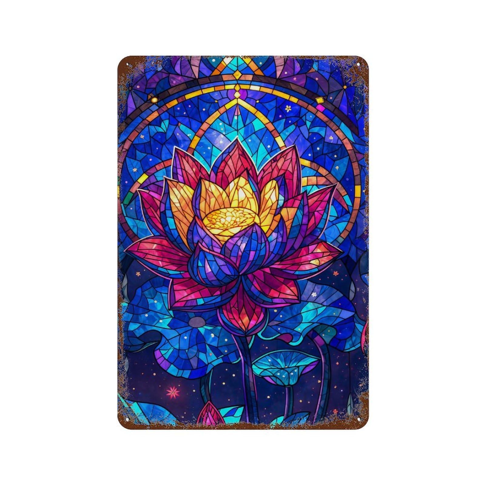 Celestial Lotus Bloom Aged Metal Wall Plaque 11.8"x7.9", for Pub, Kitchen And Man Cave Decor, Decorative Metal Wall Art