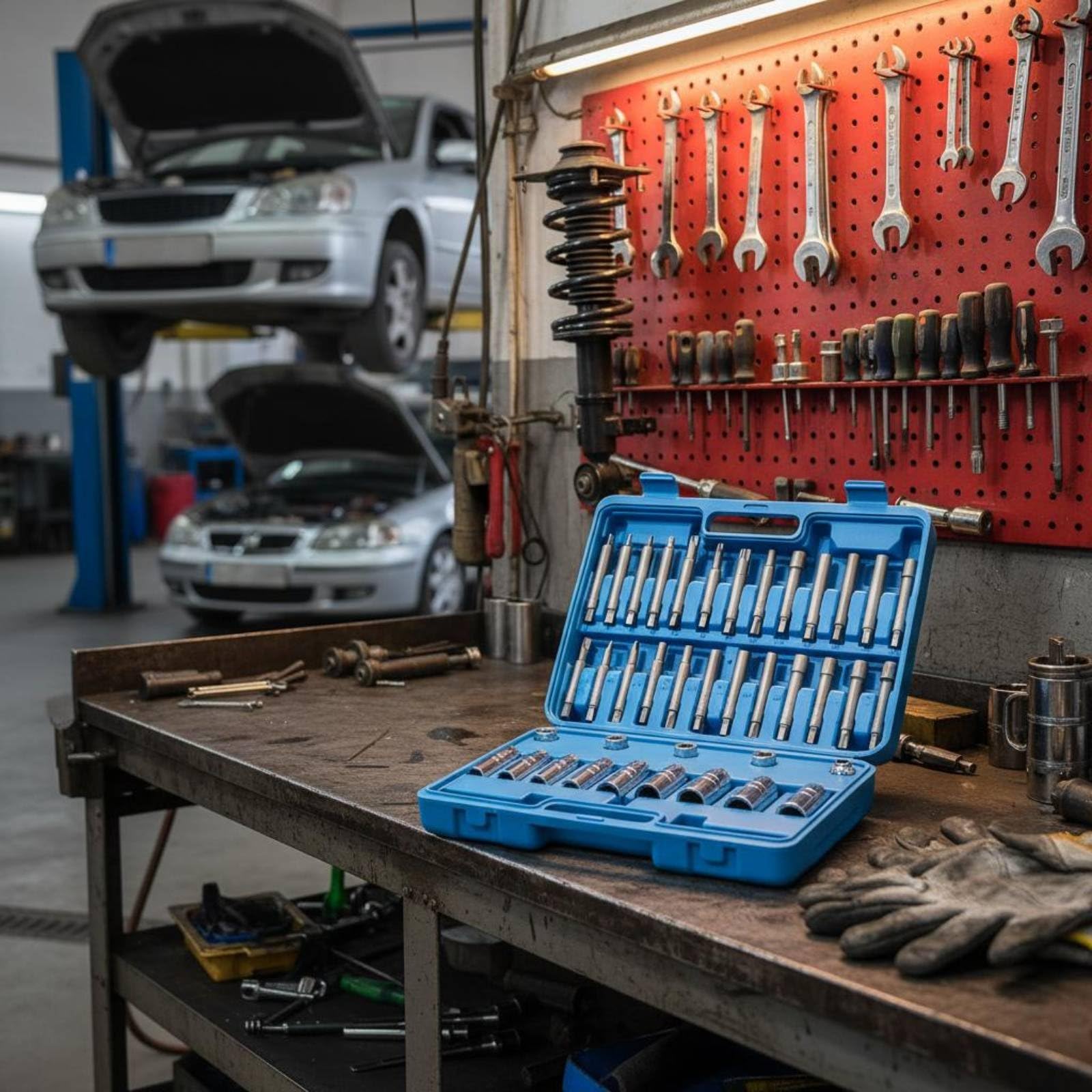 Chiave Ammortizzatore Kit Attrezzi Auto Strut Sospensioni Dado Pistone Set Bussole Acciaio Resistente con Custodia Portatile Adatta per Meccanico Riparazione in Sede