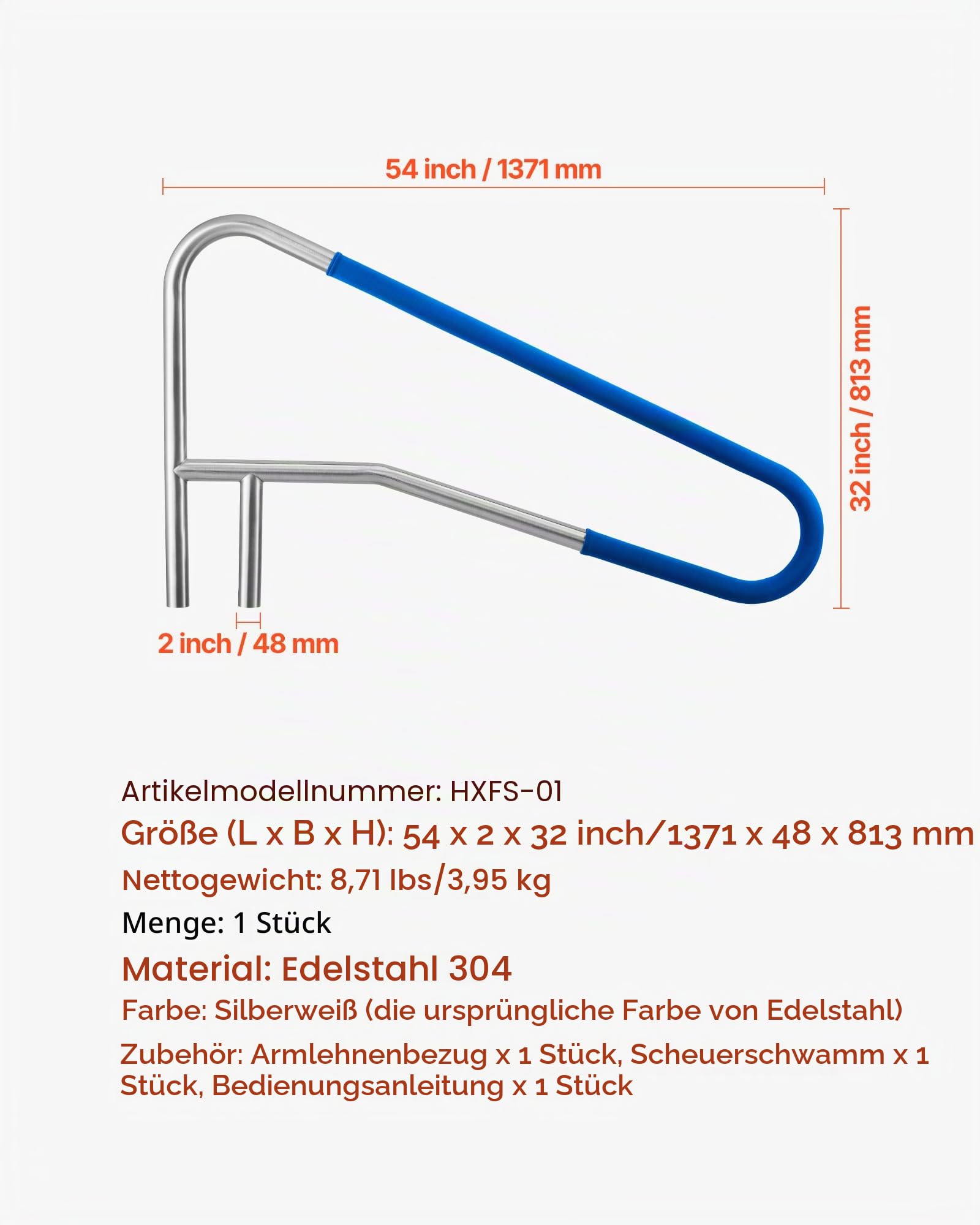 VEVOR Schwimmbad Handlauf, 1371x48x813 mm, 100 kg Tragfähigkeit, Pool Haltegriff aus Edelstahl 304, abnehmbare rutschfeste Hülse, Einbau-/ Bodenmontage, Einstiegshilfe für Poolbereich & Wasserparks
