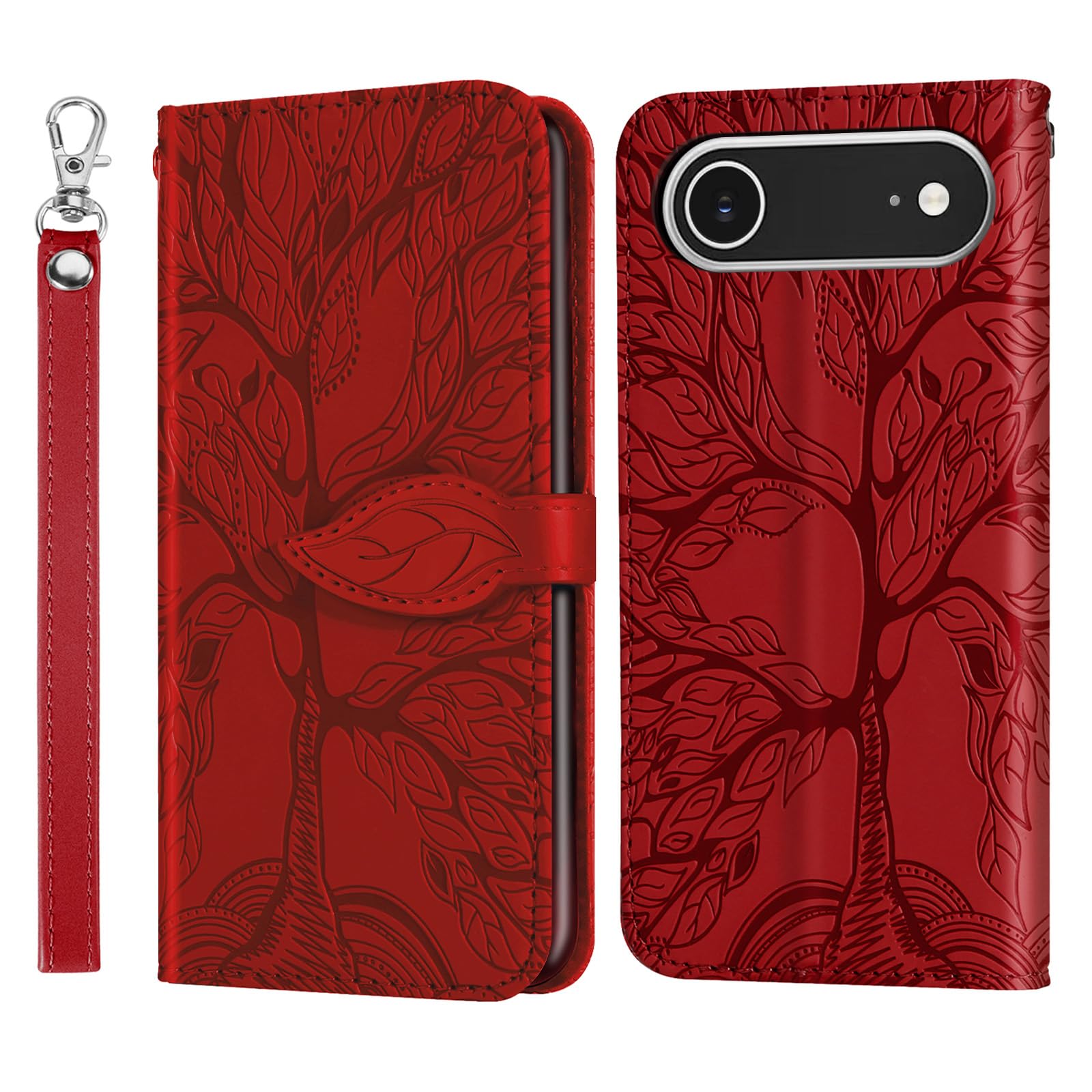 Aimigel Case for Apple iPhone 17 Air 2025,Short Strap PU Leather Flip Folio iPhone 17 Air Cover with Card Holder/Slot [Magnetic Closure][Wrist Strap][Kickstand] Shockproof for Woman,Man, Red