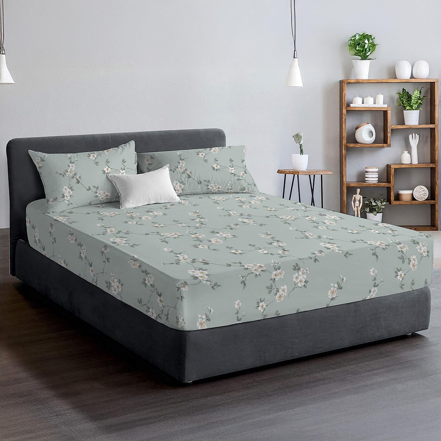Danydude Mint Bloom 100% Egyptian Cotton Floral Printed 3Pc Double Fitted Sheet Set 400 Thread Count 30Cm Extra Deep Fitted Sheets Double With Pillowcases 2 Pack Soft & Machine Washable