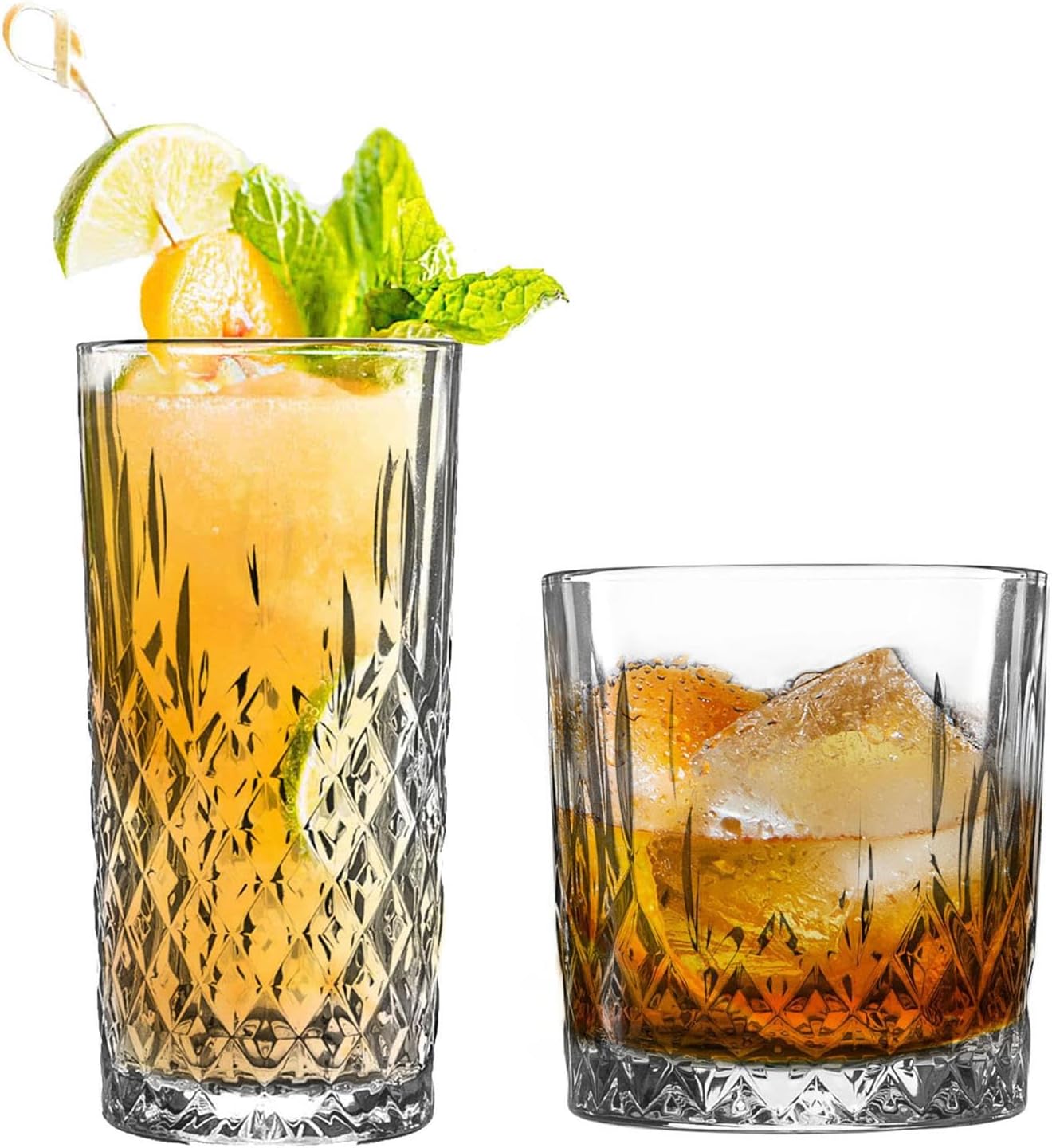 LAV 12pc Clear Odin Glassware Set - Mixed Glass Highball Cocktail Gin Glasses and Water Whiskey Drinking Tumblers