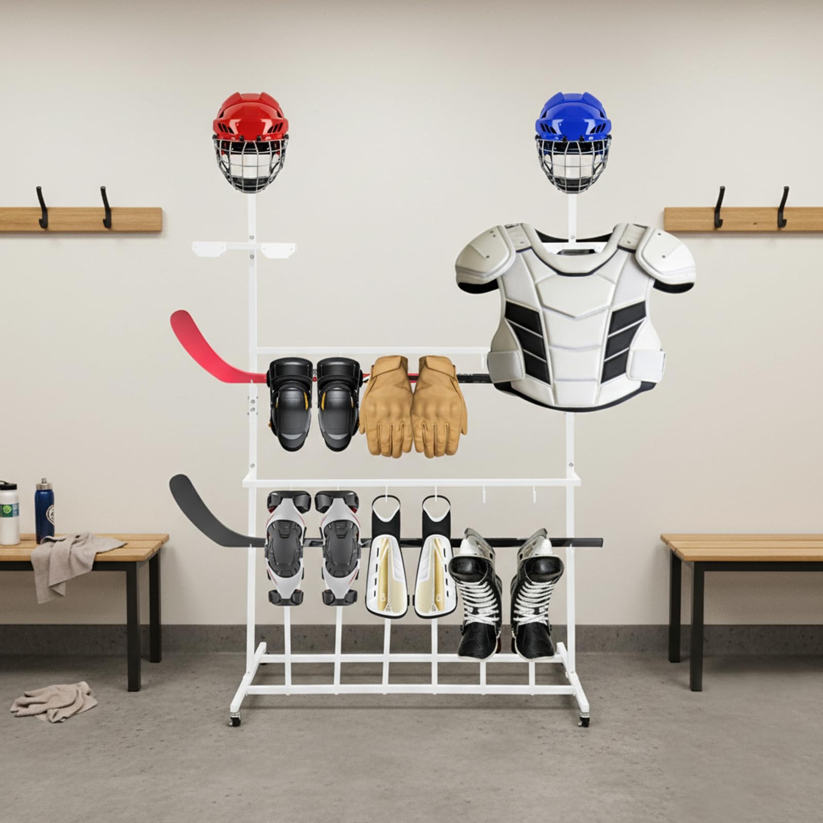Hockey-Trockengestell, Ausrüstungsständer für Eishockey & Ski aus Eisen, für Eishockey, Ski & Football, 4 Rollen mit Bremsen – platzsparend & stabil, Weiß