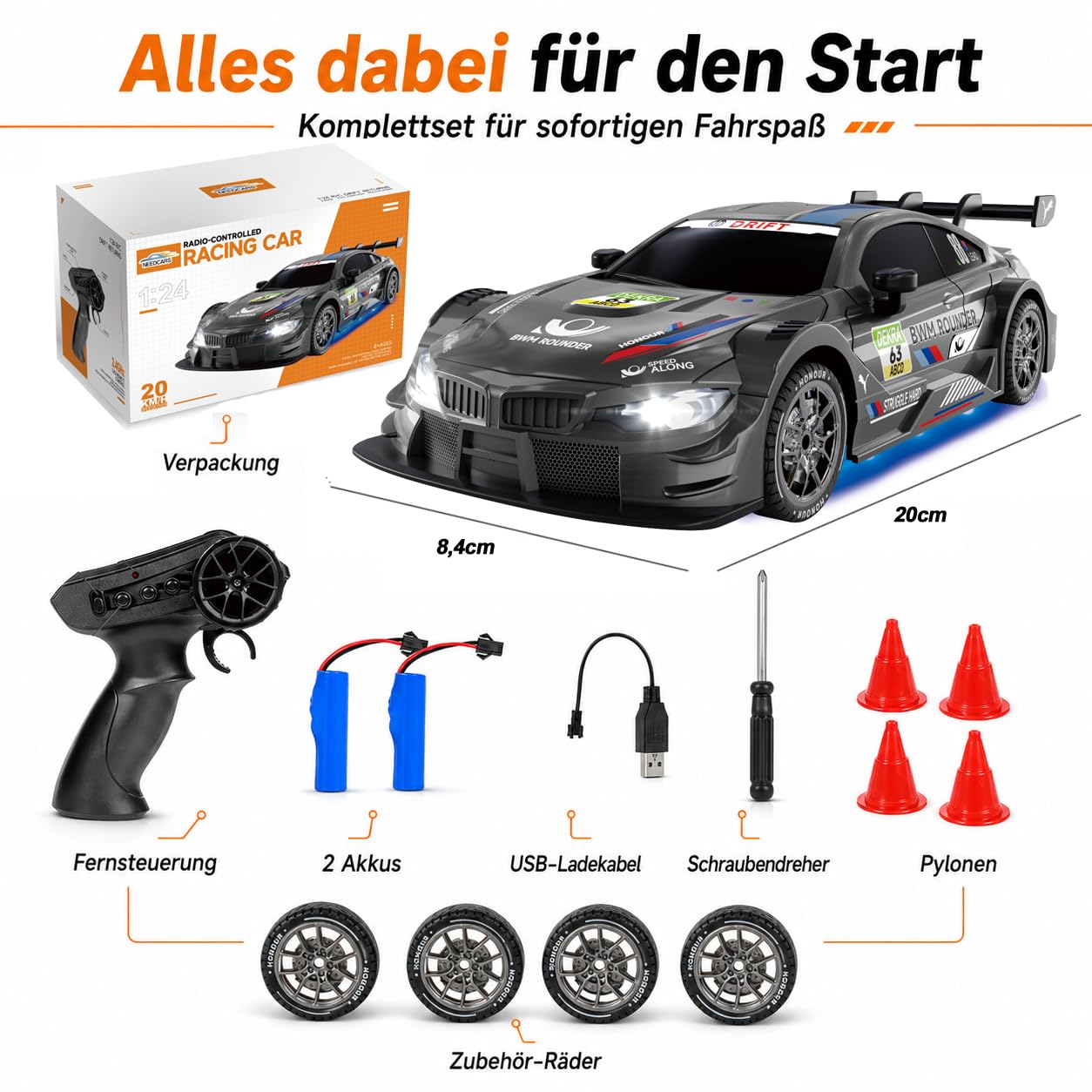 Ferngesteuertes Auto 1:24 Scale Drift Car 4WD 2.4GHz RC Drift Auto 20KM/H Hohe Geschwindigkeit Rennwagen mit Zwei Batterien, LED-Leuchten