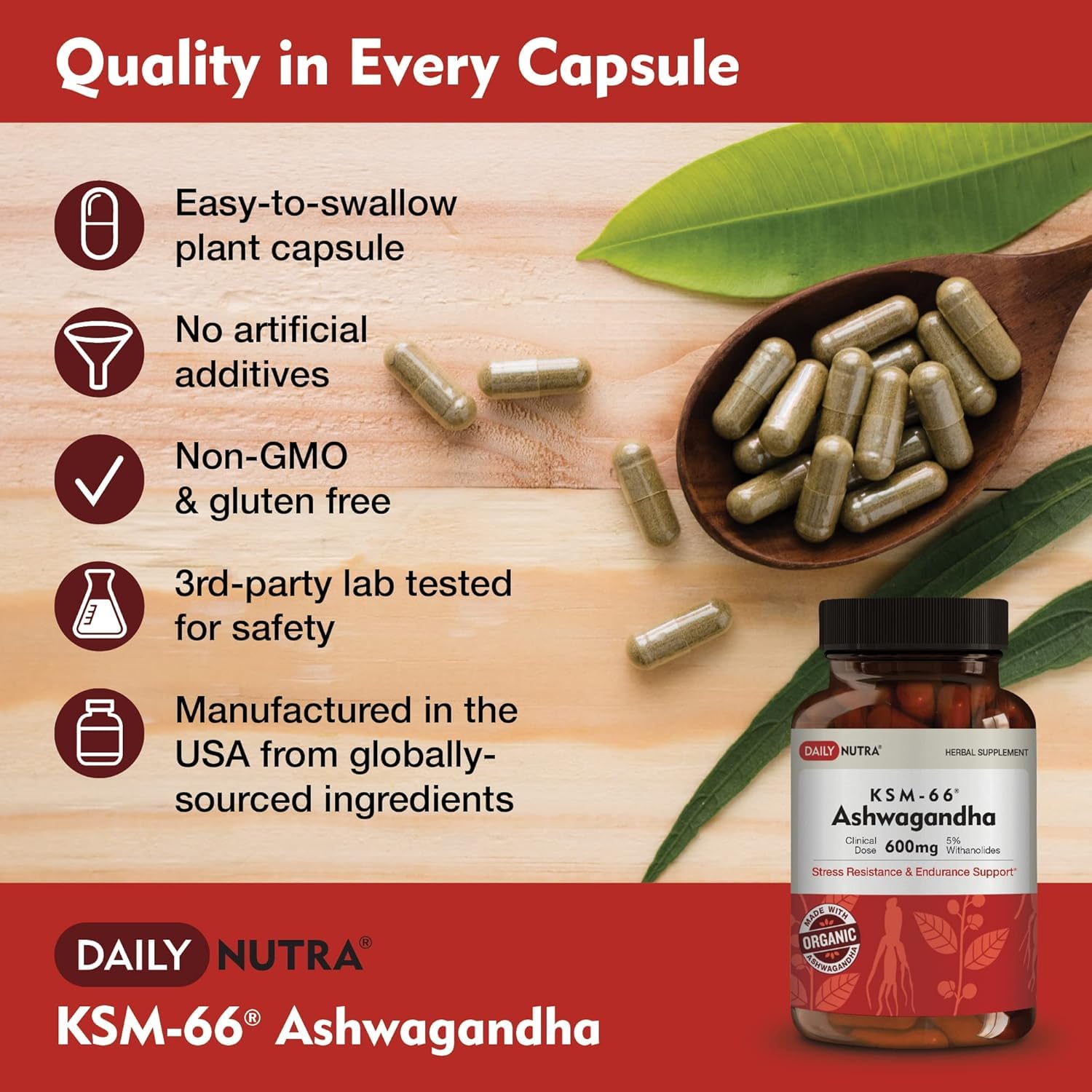DailyNutra KSM-66 Ashwagandha 600mg Organic Root Extract - High Potency Supplement with 5% Withanolides | Relieves Tiredness, Supports Relaxation, Focus, Energy, & Muscle Growth (60 Capsules) — Amazon image 5