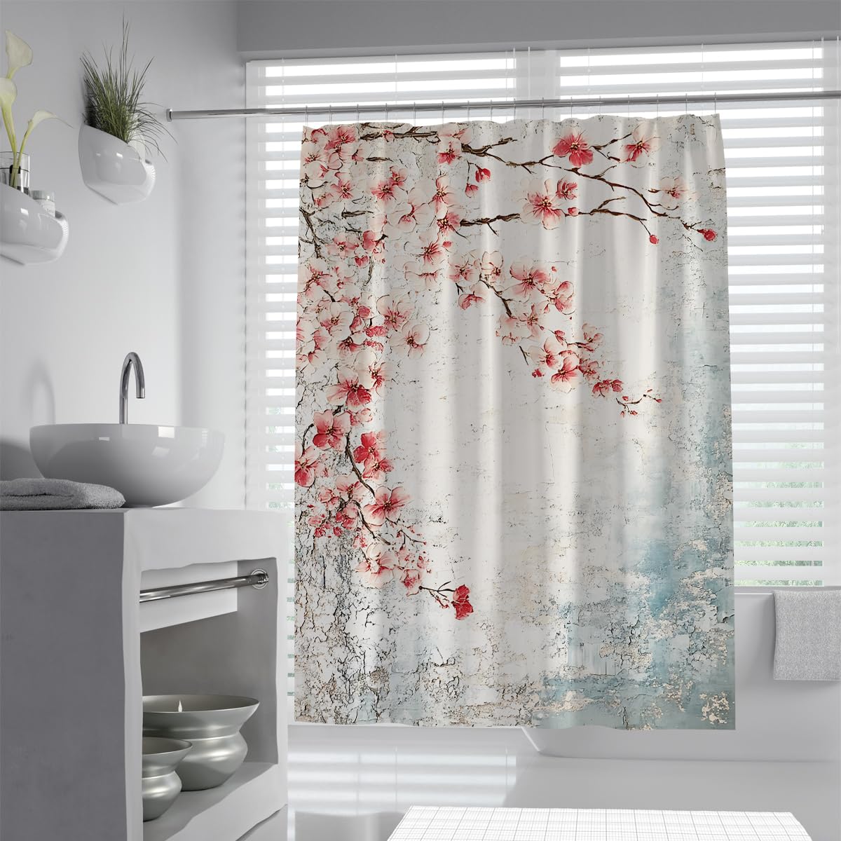 UIRINGART Traditional Japanese Cherry Blossom Shower Curtain W150xL200cm Pink Plum Flower Shabby Chic Blue Pattern Print Waterproof Bath Curtains For Bath Tub