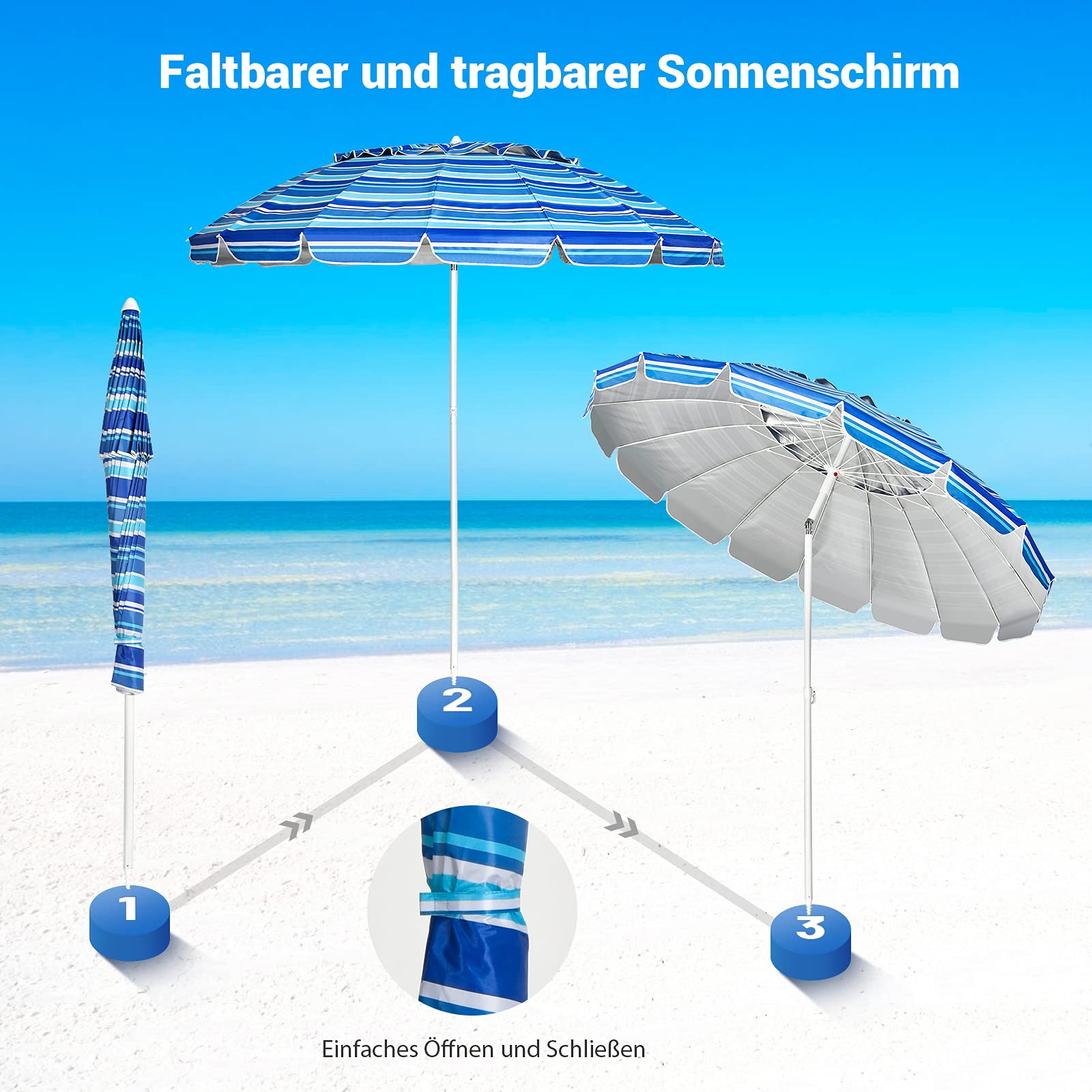 COSTWAY 220 cm Sonnenschirm Strand, Strandschirm windfest stabil, UPF 50+, 30° knickbar, Sonnenschutz mit Erdspieß für Balkon, Garten & Terrasse