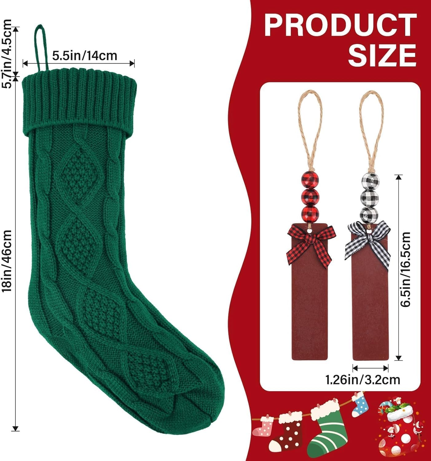 6PACK 18Inch Cable Knitted Christmas Stockings, Personalized Hanging Stockings for Holiday Party, Christmas Tree, and Family Home Decor in Red, White, Green