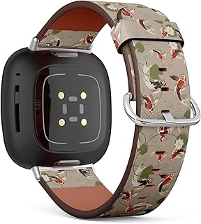 CJBROES Replacement Leather Watch Band, Compatible with Fitbit Versa 3 and Fitbit Sense of Wristband Bracelet Accessory - Japanese carps Pond