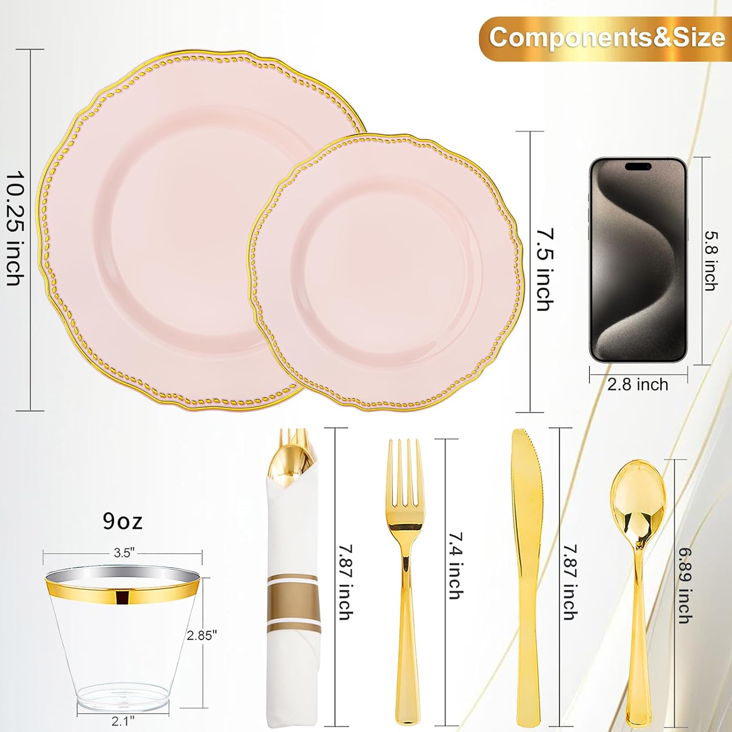 Hioasis 350pcs Pink and gold Plastic Plates - Pink Plastic Dinnerware Set Includes 50 Dinner Plates, 50 Dessert Dinnerware, 50 Cups, 50 Rolled Napkin Cutlery Perfect for Wedding & Valentine's Day - Image 2