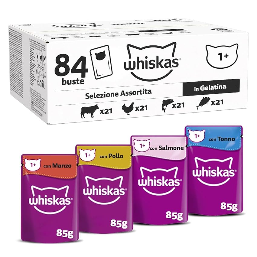 Immagine del prodotto Whiskas Selezione Assortita in Gelatina 1+, Cibo Umido per Gatti, Pacco Formato Scorta, 84 Bustine ognuna da 85g (84 x 85g)