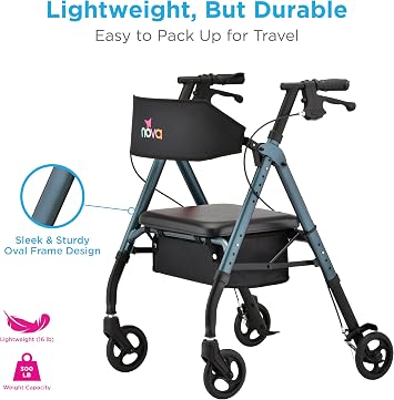 NOVA Star 6 Foldable Rollator Walker for Seniors, Wide Padded Backrest with Seat, 6 All-Terrain Wheels, Easy-Grip Locking Hand Brakes, Height Adjustable, Blue