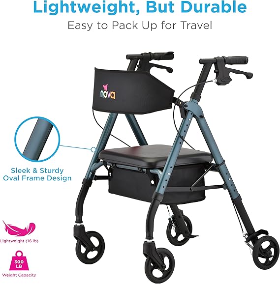 NOVA Star 6 Foldable Rollator Walker for Seniors, Wide Padded Backrest with Seat, 6 All-Terrain Wheels, Easy-Grip Locking Hand Brakes, Height Adjustable, Blue