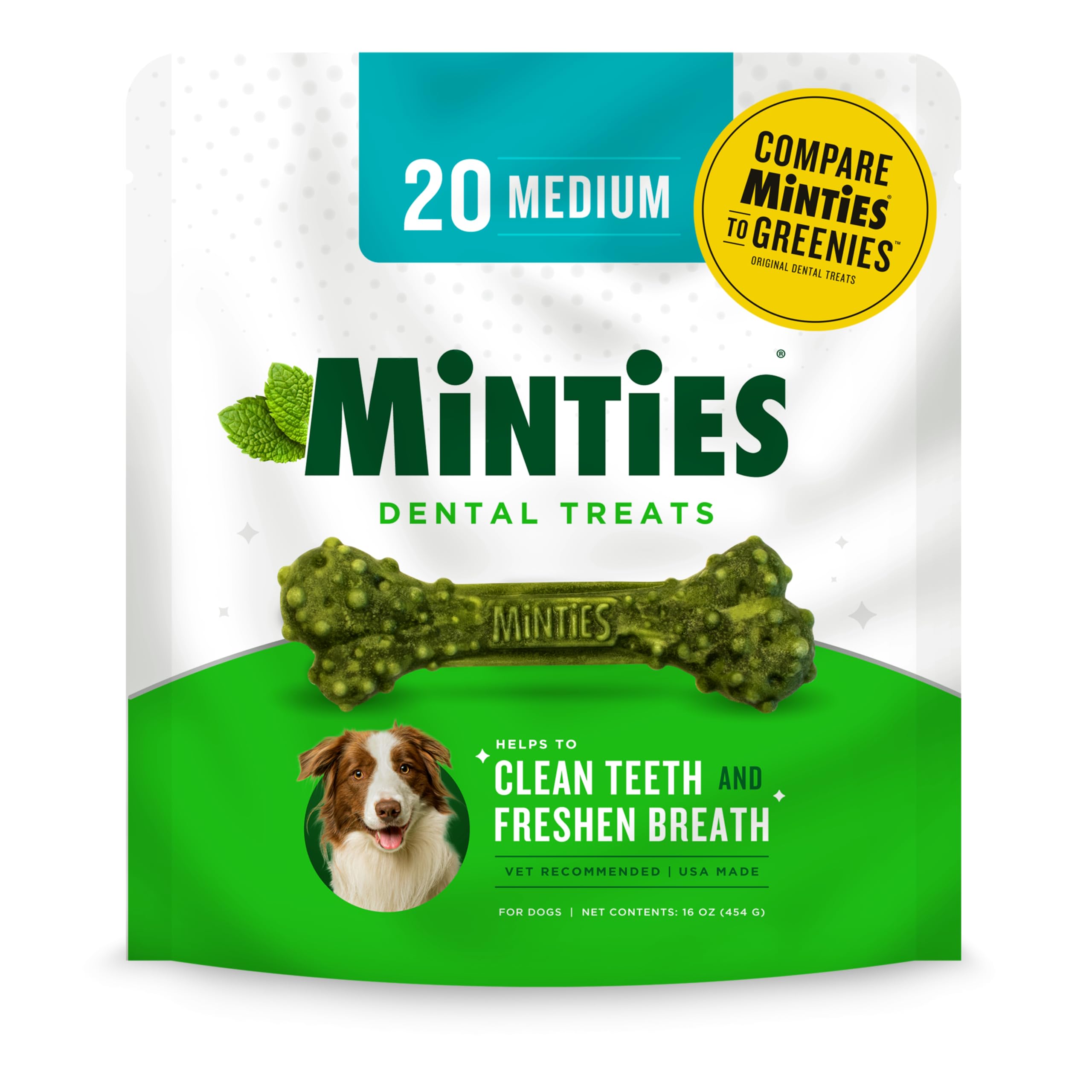 Minties Dental Chews for Dogs, 20 Count, Vet-Recommended Mint-Flavored Treats for Medium Dogs 25-50 lbs, Dental Bones Clean Teeth, Fight Bad Breath, and Removes Plaque and Tartar