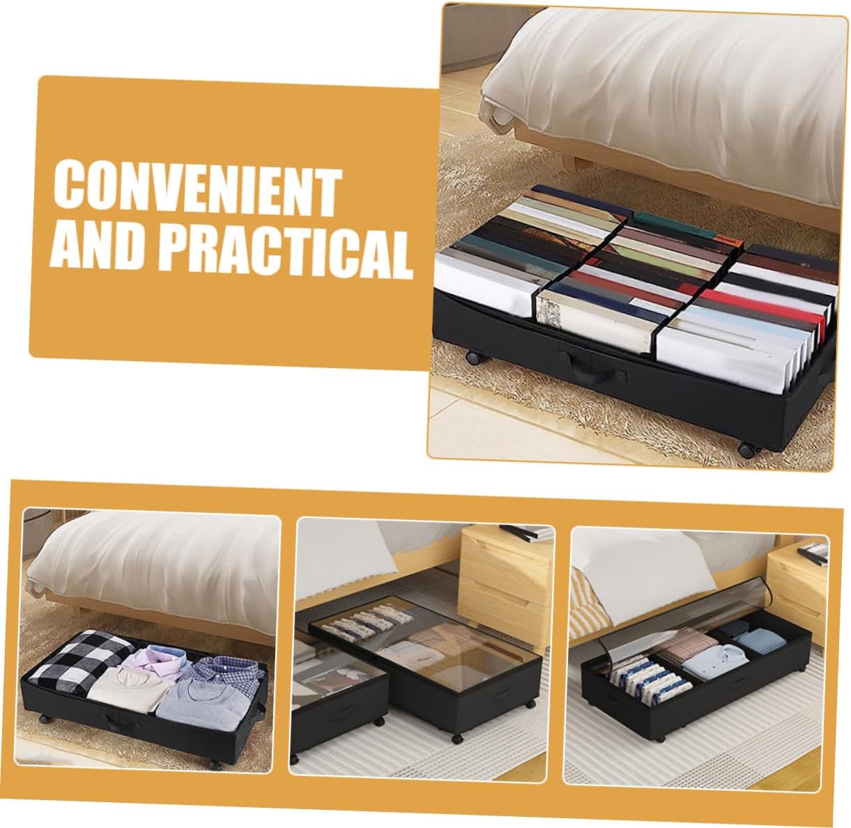 Bed Storage Organizer Cart with Wheels 3-compartment Oxford Cloth Zippered Storage Bin Large Capacity Dustproof Quilt and Clothing Container