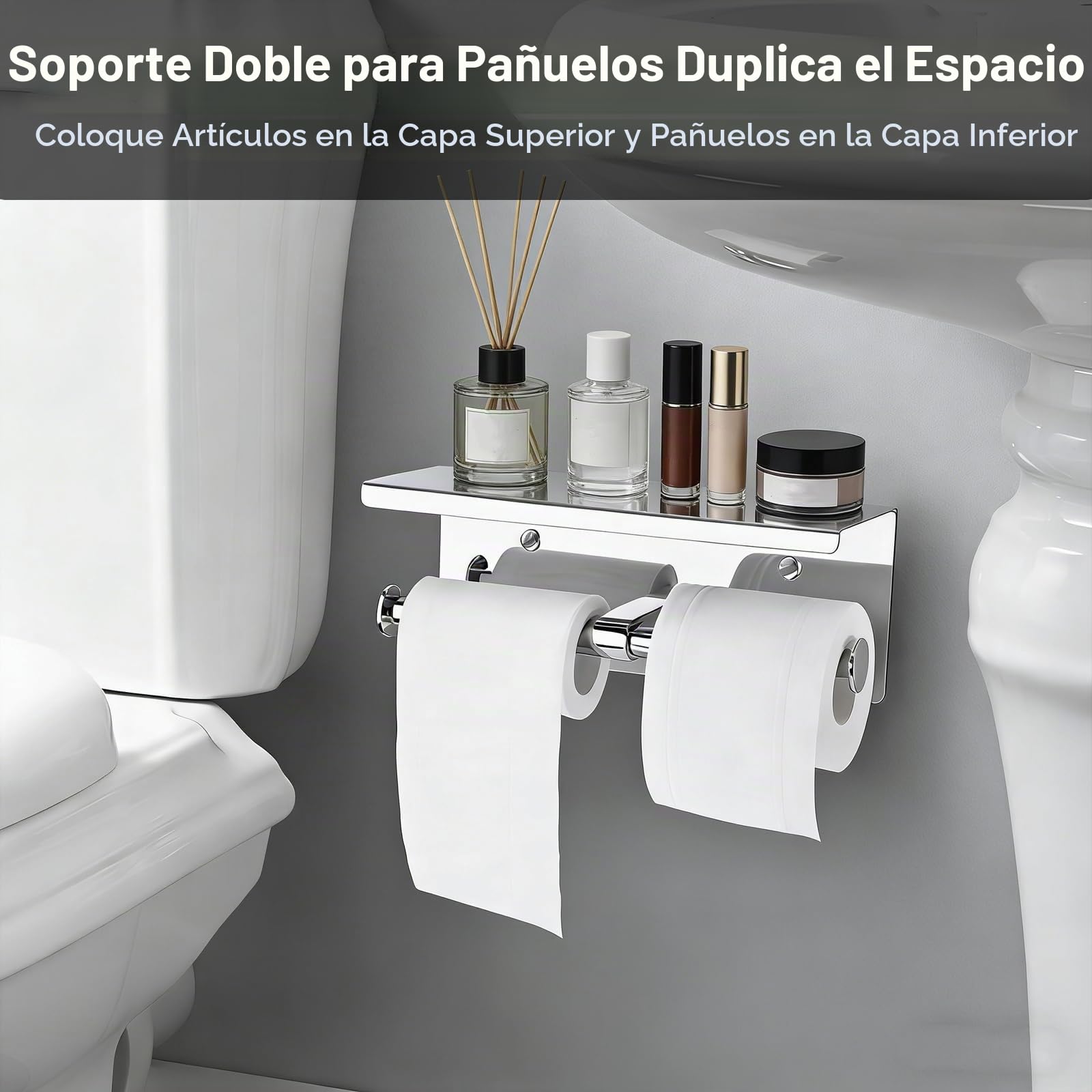 Portarrollos de Papel higiénico Doble con repisa para teléfono, dispensador de Rollo de Papel Doble con repisa, Cromo Pulido, portarrollos de Papel higiénico con repisa, Montaje en Pared Adhesivo con