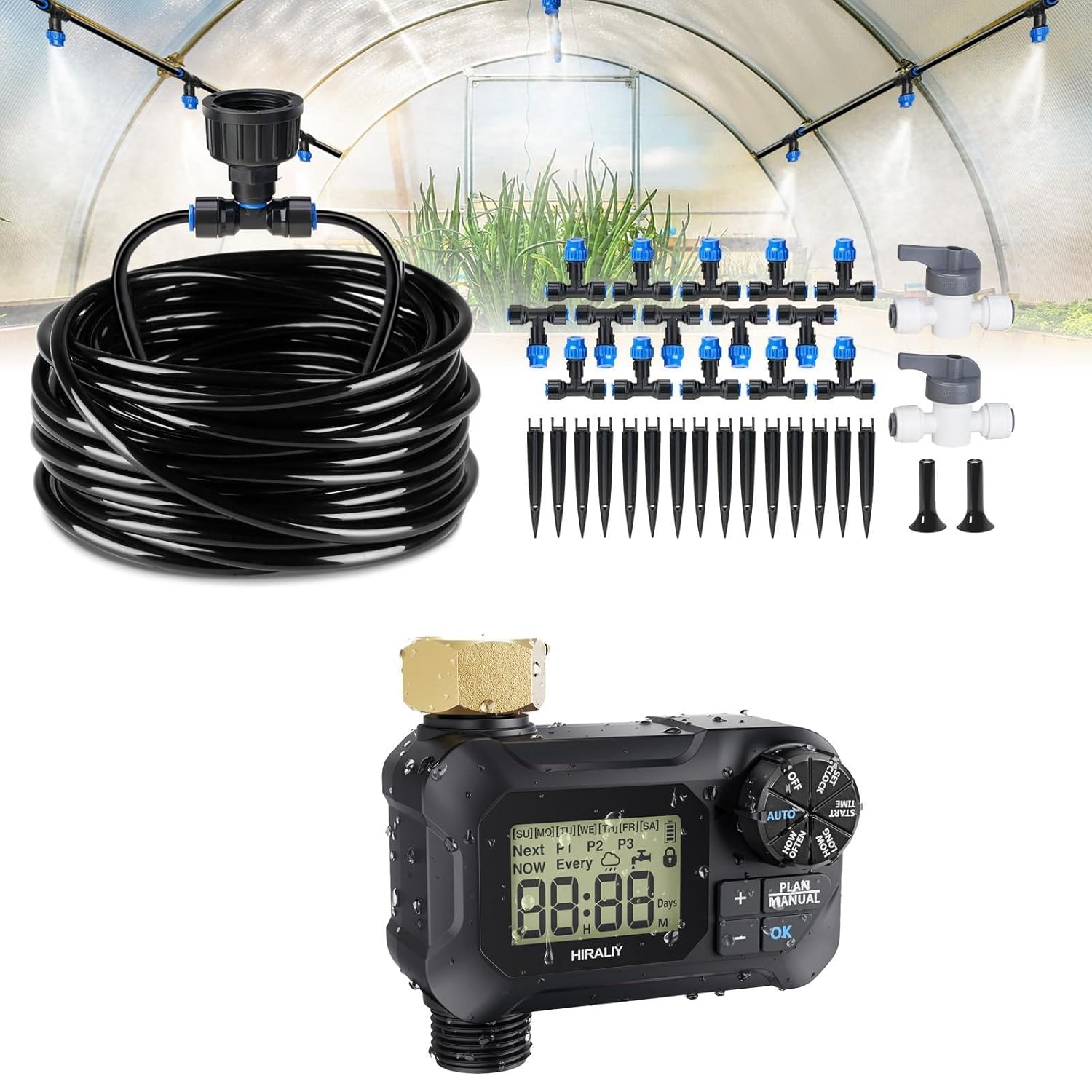 HIRALIY 59FT Greenhouse Misting Drip Irrigation Kit, with Garden Timer