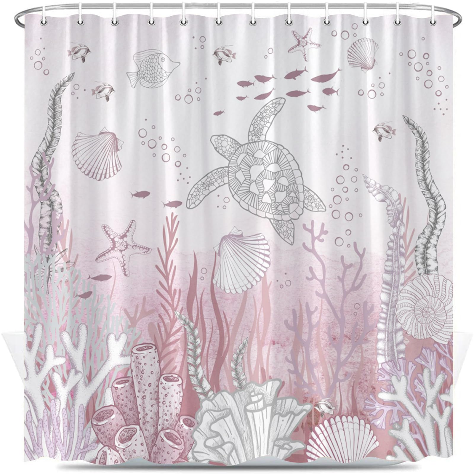 BNYARH Nautical Coastal Turtle Shower Curtain Pink Coral Starfish Seashell Beach Ocean Bath Curtains Underwater Tropical Fish Bathroom Decor with