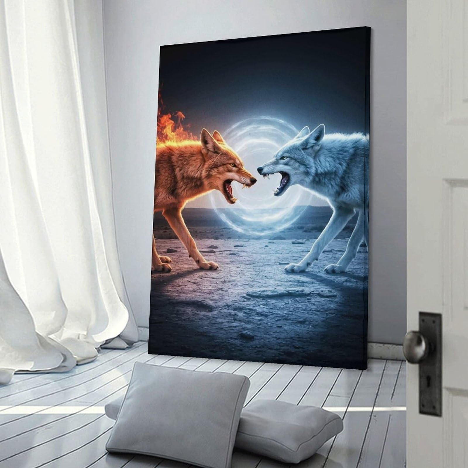 Junmoney Fire And Ice Wolves Confrontation Room Decor Wall Art, 20x30inch(50x75cm), for Front Hall, Corridor Or Welcome Spaces, A Neat Decor Update for Hallways