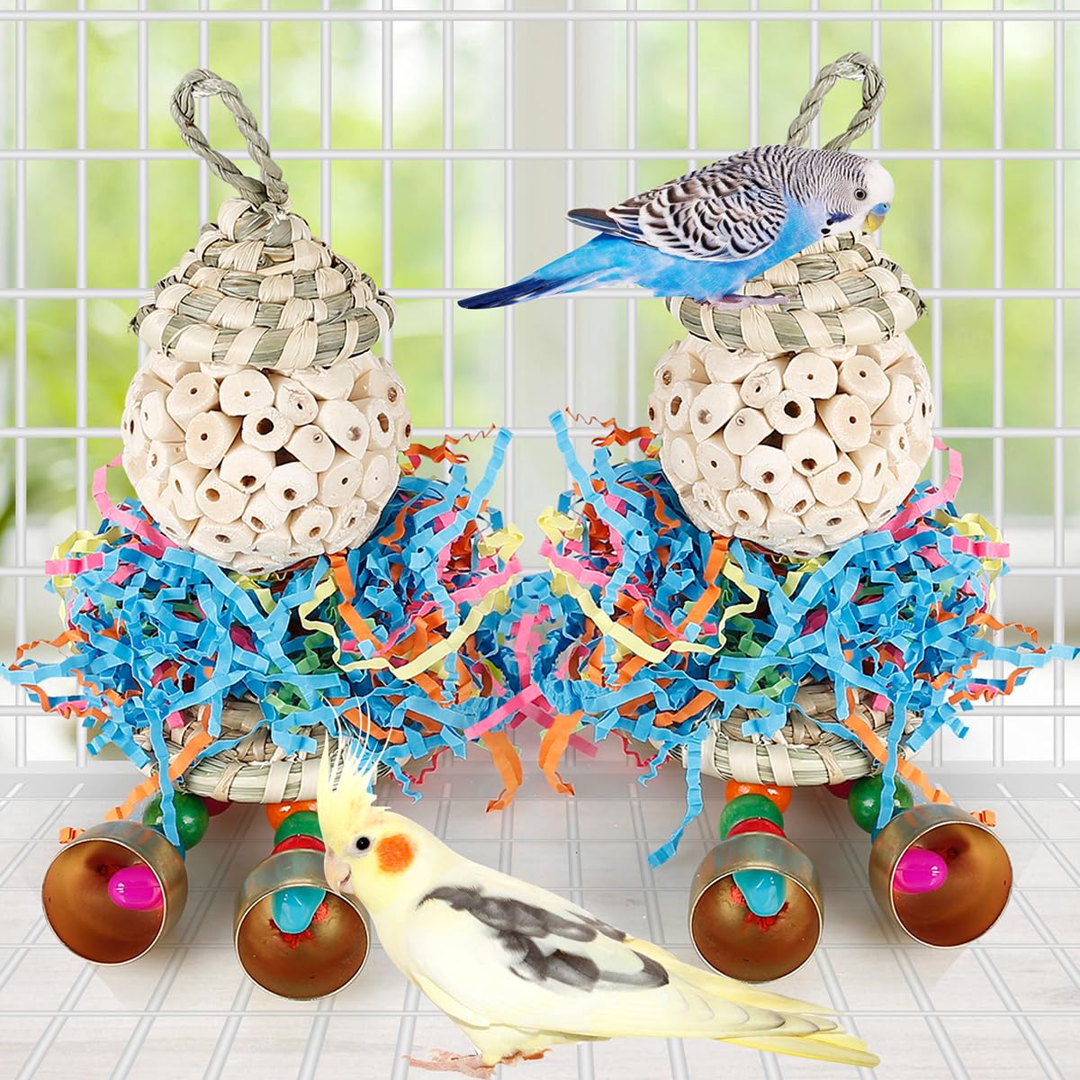 BBjinronjy 2PCS Bird Toys Parrot Foraging Shredder Hanging Toys Sola Balls with Bell for Small Parrots Parakeets, Cockatiel - Image 4