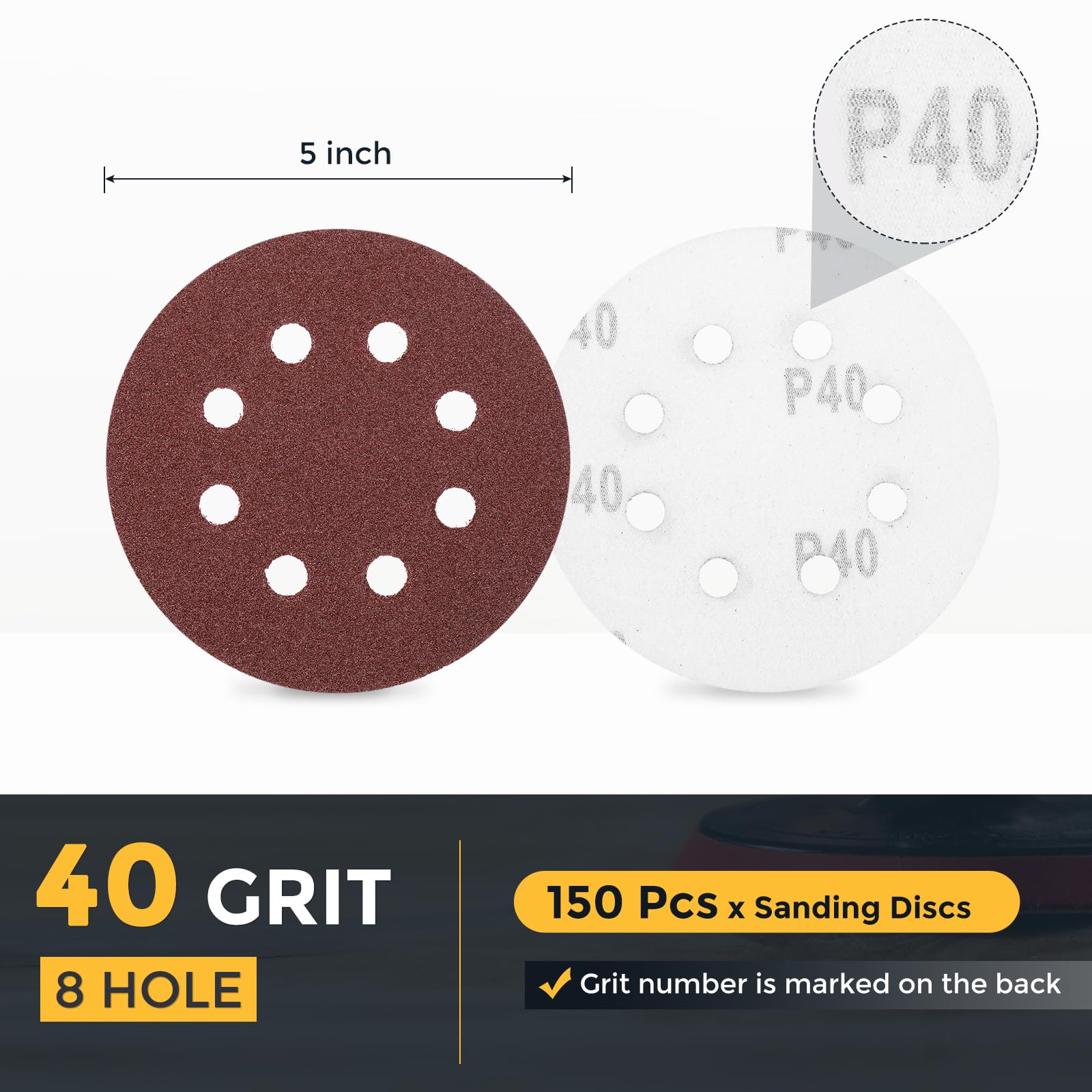 QUARKZMAN 150 Pcs 125mm 5 Pouce Disques de Ponçage 8 Trous 40 Grit | Papier de Verre à Dos Auto-Agriffant pour Travail du Bois Automobile Métal