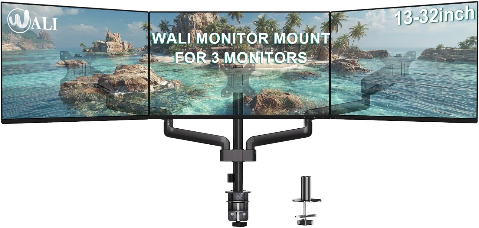 WALI Triple Monitor Mount for 13-32 inch Screens, Adjustable 3 Monitors Desk Mount with Swivel, Tilt, Clamp & Grommet Kit, Triple Monitor Stand for Desk, VESA 75x75/100x100mm (GSDM003), Black