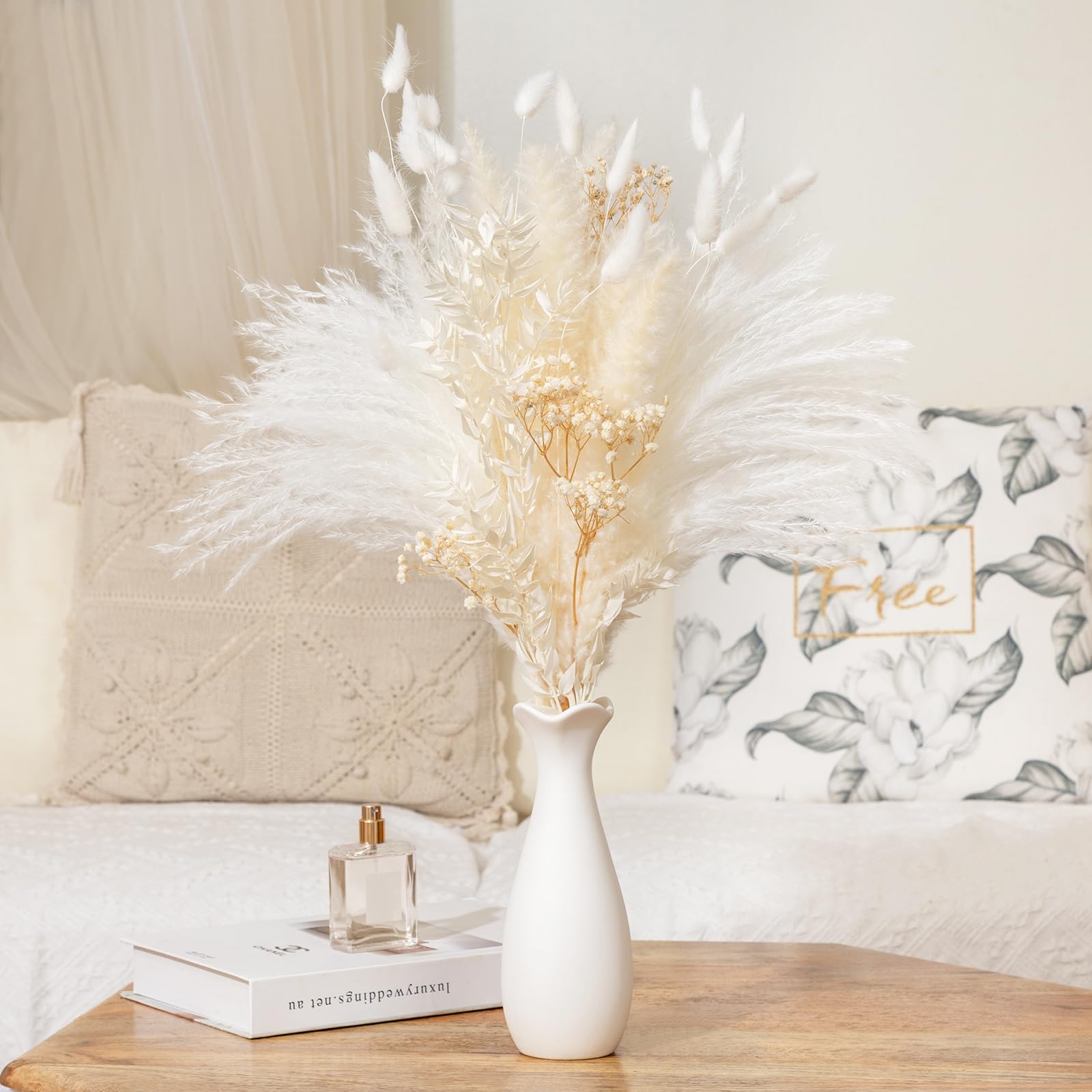 Natural Dried Pampas Grass Bouquet, Bunny Tails Dried Flowers - Fluffy Boho Home Decor Perfect as a Warm Gift, Rural Farmhouse Party, Living Room,