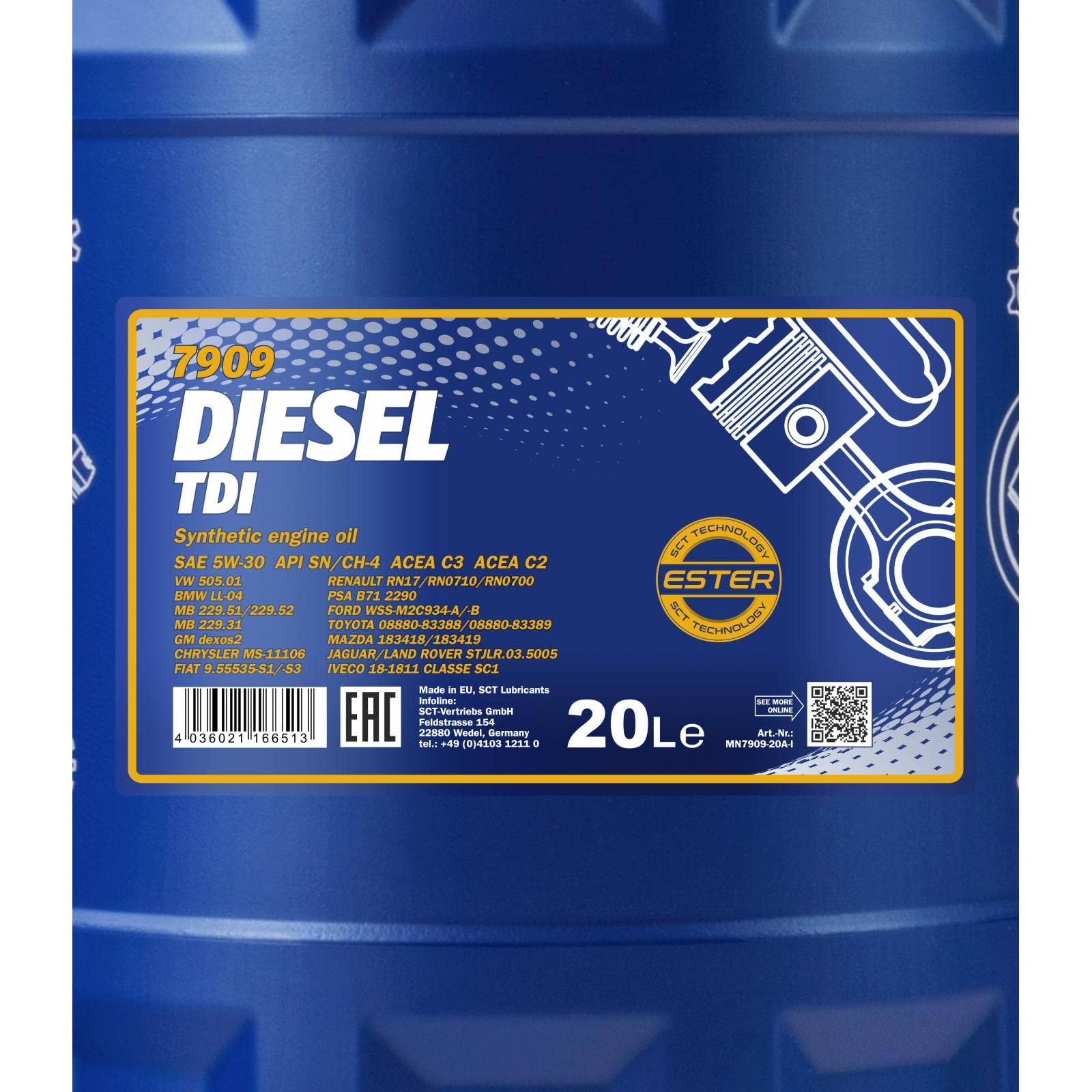 MANNOL Aceite de motor 5W-30 DIESEL TDI Aceite sintetico ACEA C3 ACEA C2 API CH-4 API SN 20L Compatible con VW Polo V Hatchback 6R1, 6C1 Golf 7 Hatchback 5G1, BQ1, BE1, BE2, OPEL Corsa D Hatchback S07