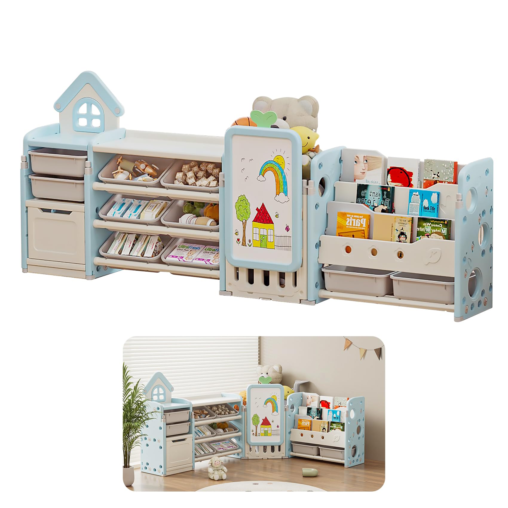 UNICOO Kids 4 in 1 Toy Storage Organizer | Storage Cabinet w/3-Tier Bookshelf, Storage Rack & Drawing Board, Adjustable L Shaped | Storage and Organization for Nursery, Playroom, Study Room (Blue)